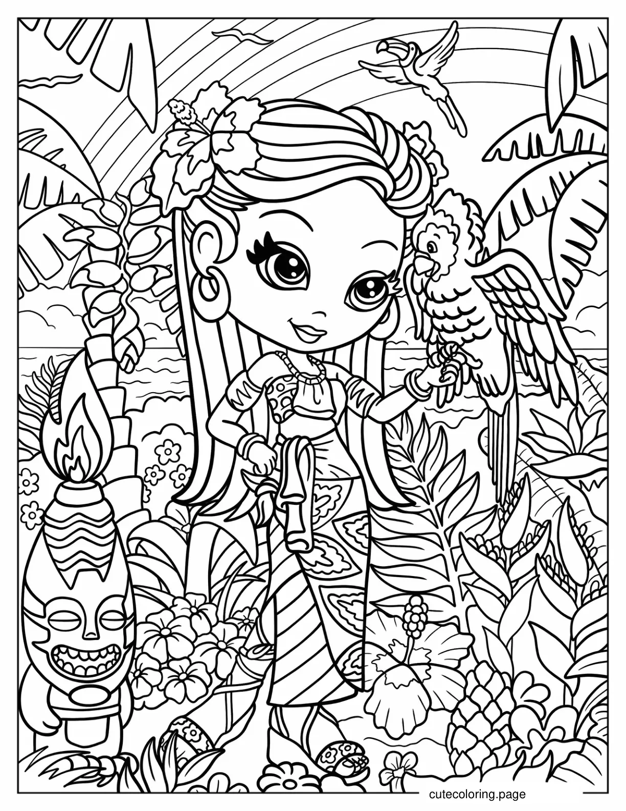 Lisa Frank Hawaiian Girl Holding Parrot Coloring Page coloring page