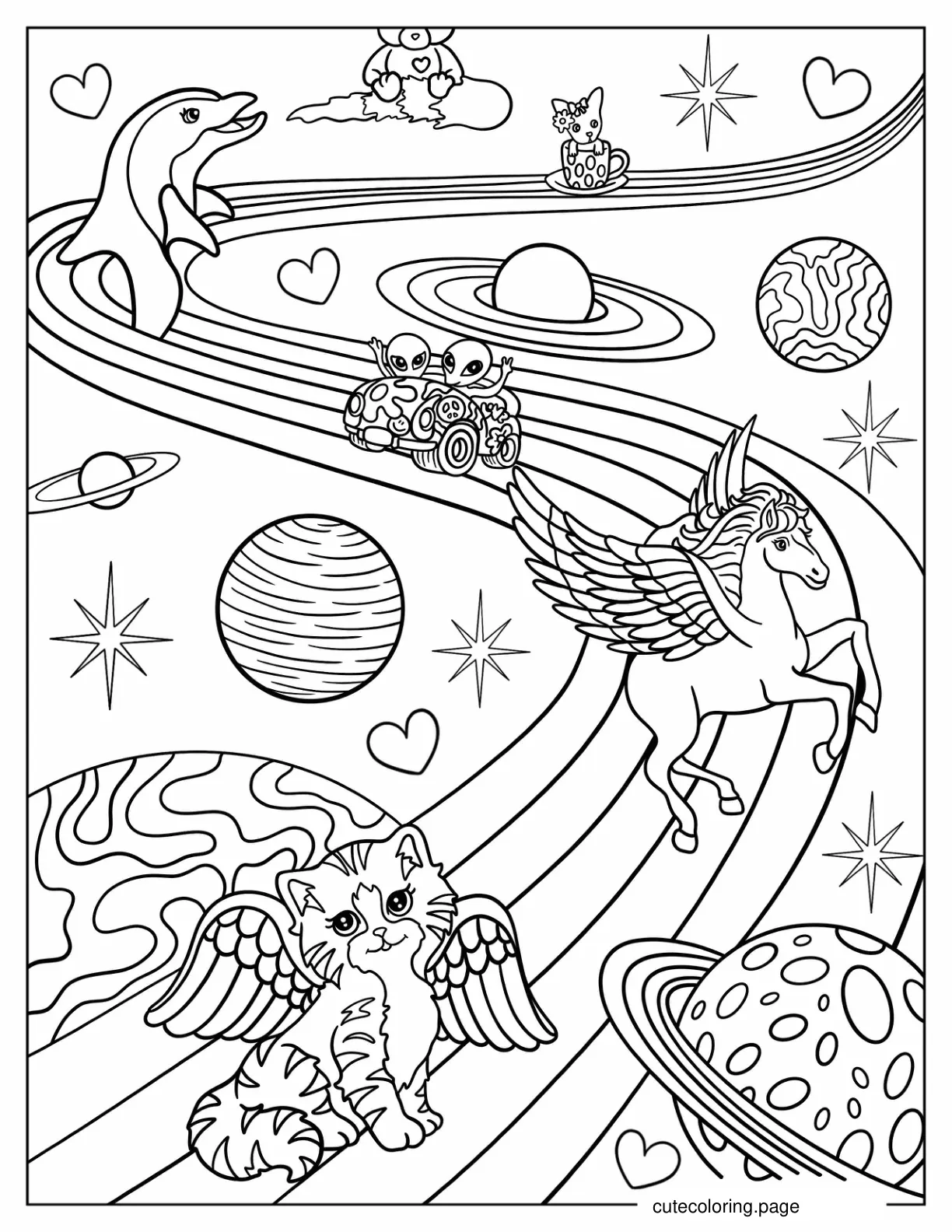 Lisa Frank Unicorns Dolphins And Aliens In Solar System coloring page