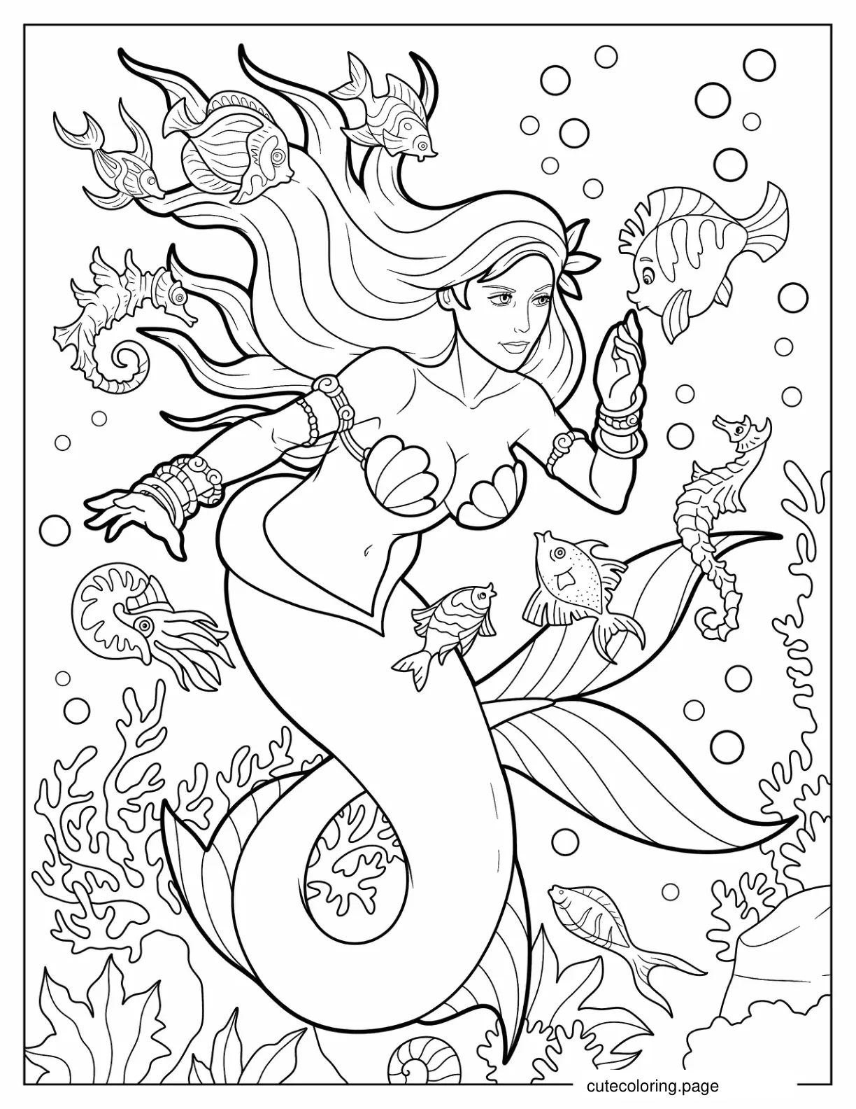 Coloring Page Of Realistic Ariel With Flounders coloring page