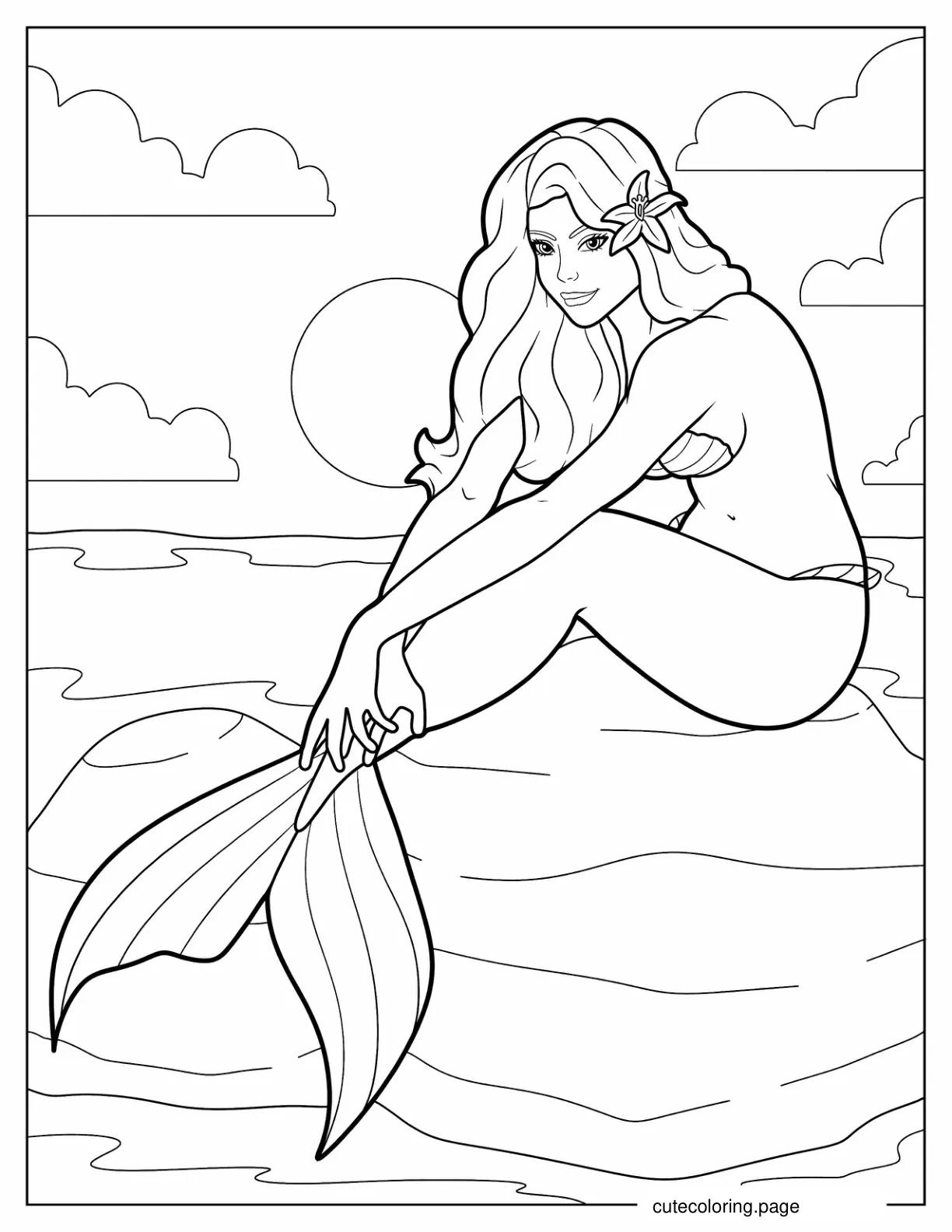 Coloring Page Of Realistic Mermaid Sitting On A Rock coloring page