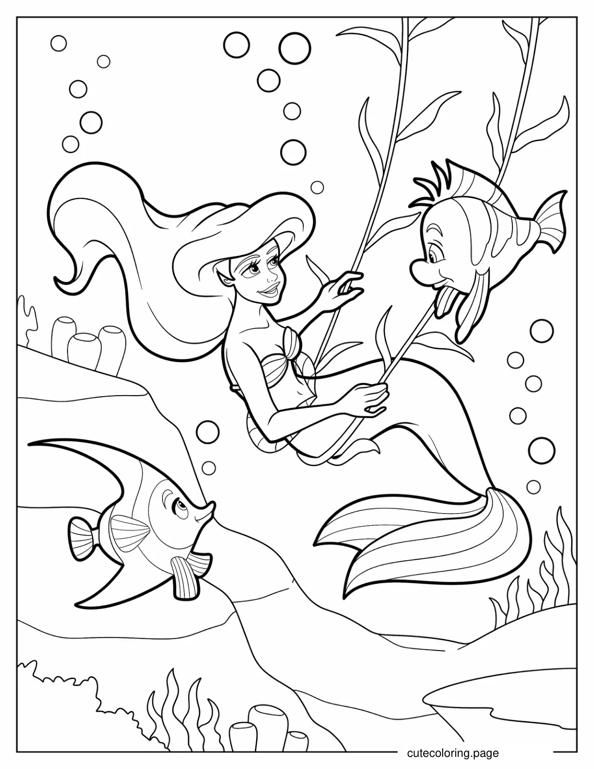 Coloring Sheet Of Ariel And Flounders Under The Sea coloring page