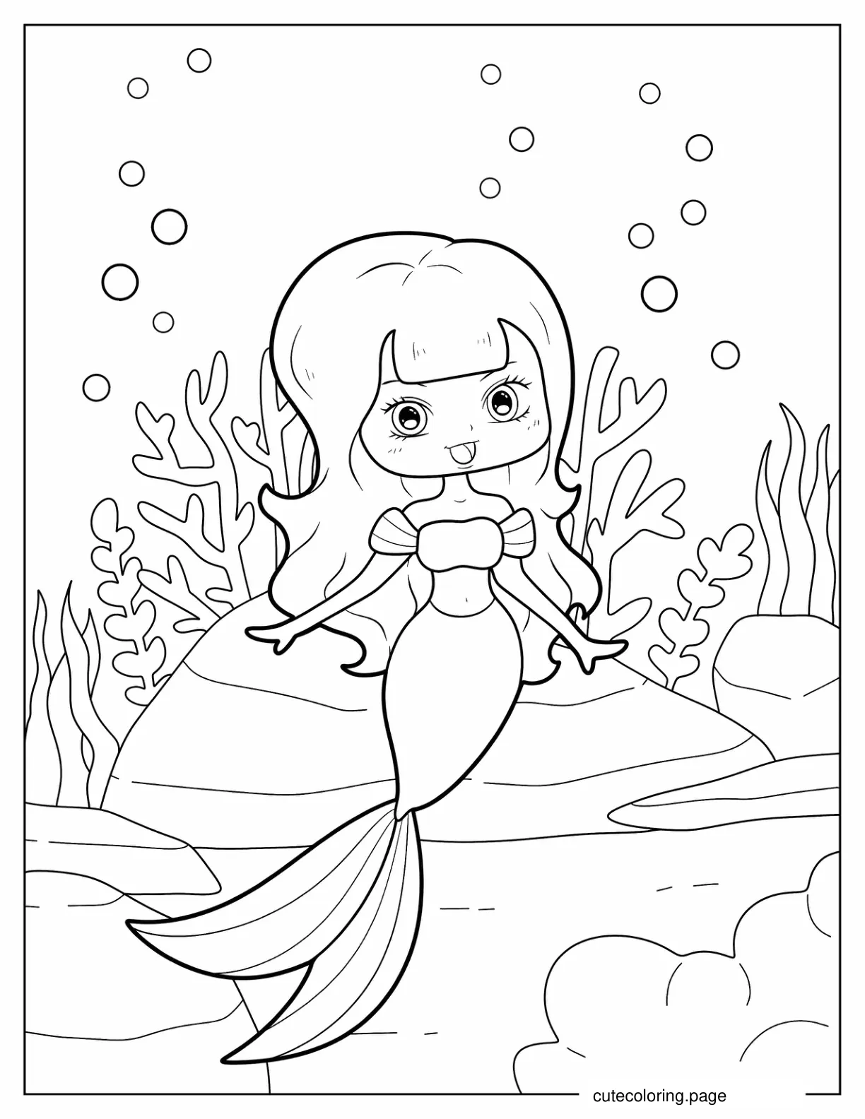 Cute Kawaii Mermaid In Coral Reef coloring page