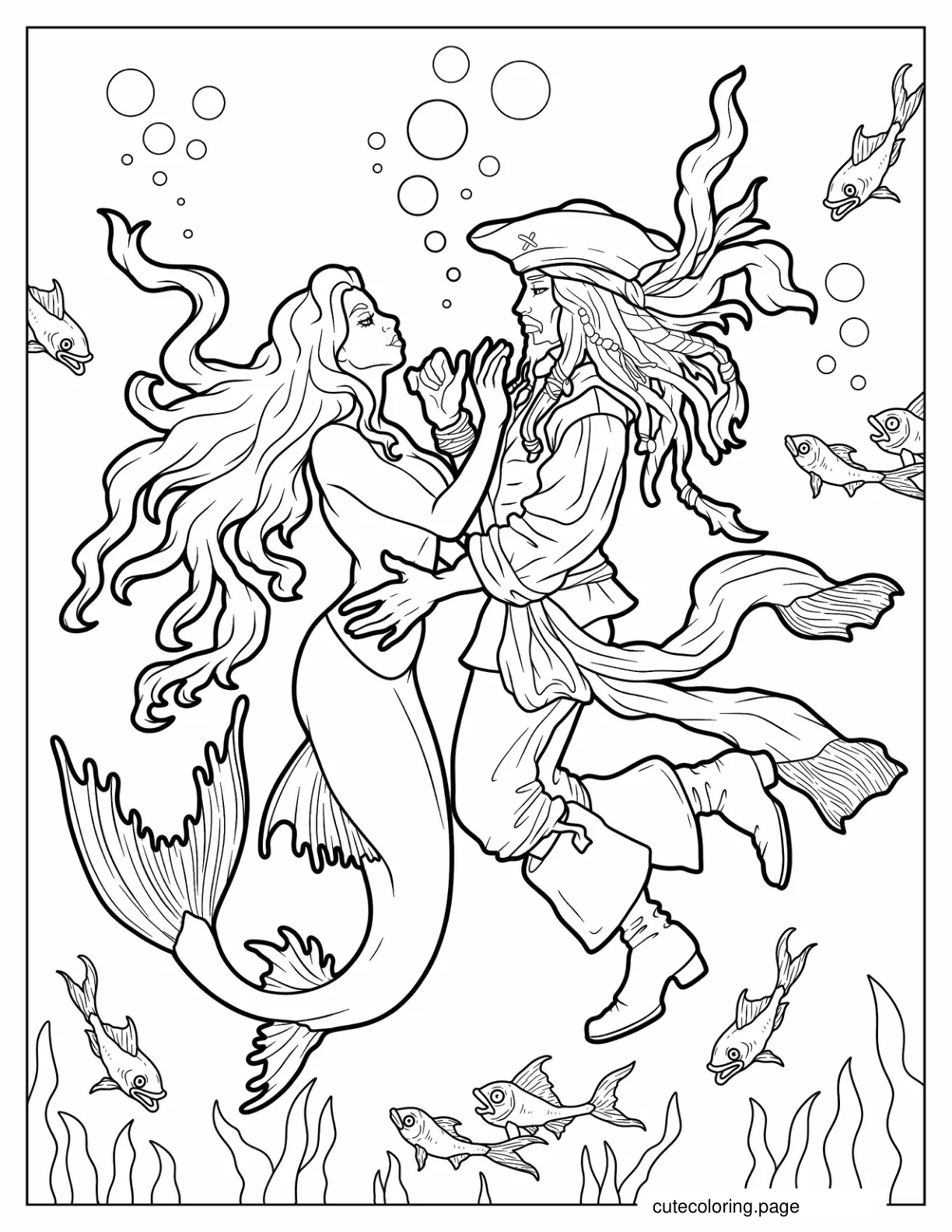 Detailed Jack Sparrow With Mermaid Under The Sea Coloring Page coloring page