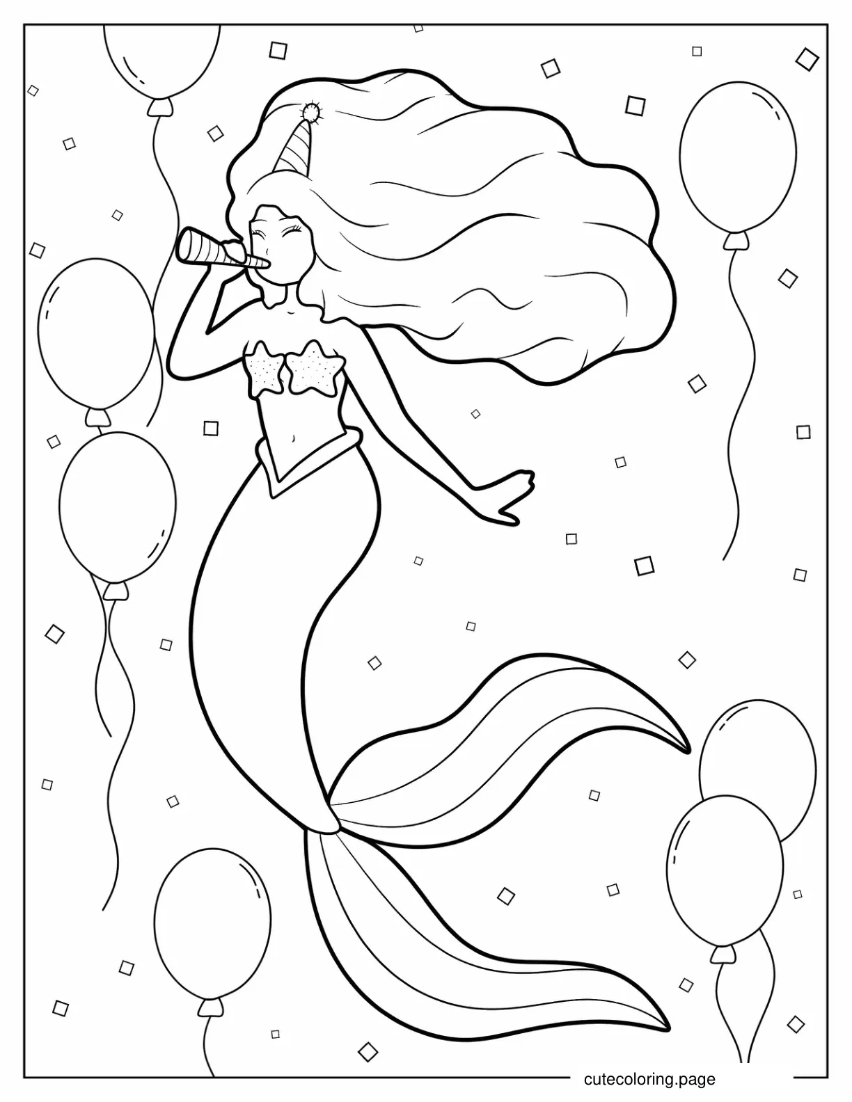 Happy Birthday Mermaid With Balloons Coloring Sheet coloring page