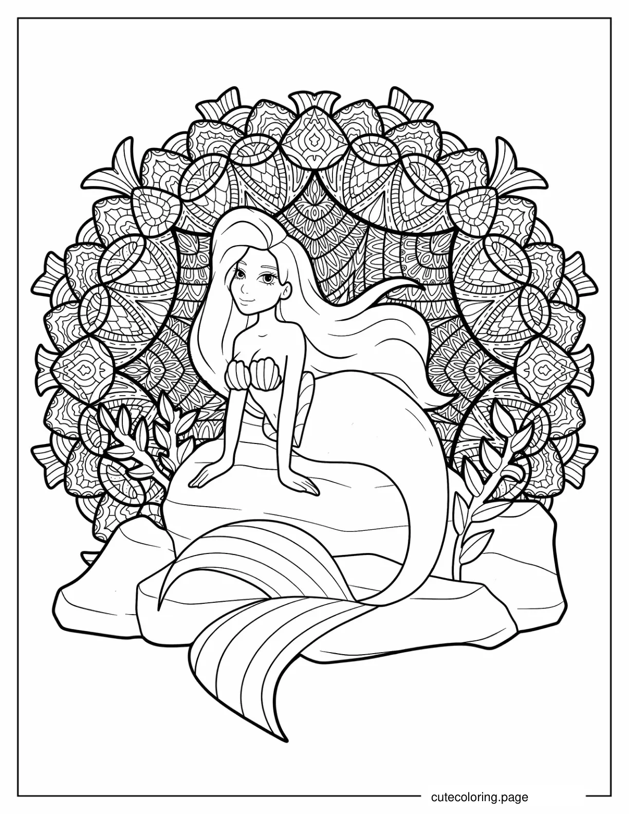 Mermaid On Rock With Mandala Background coloring page