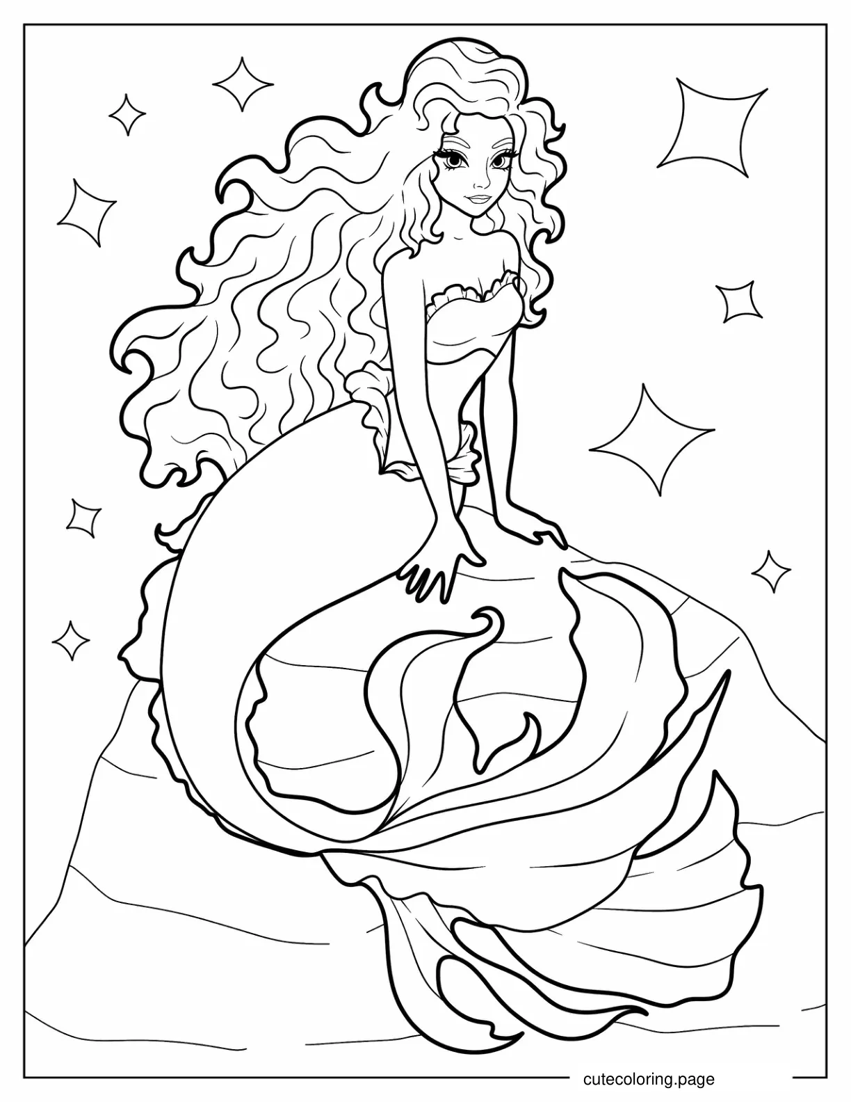 Outline Of Mermaid Sitting On A Rock coloring page