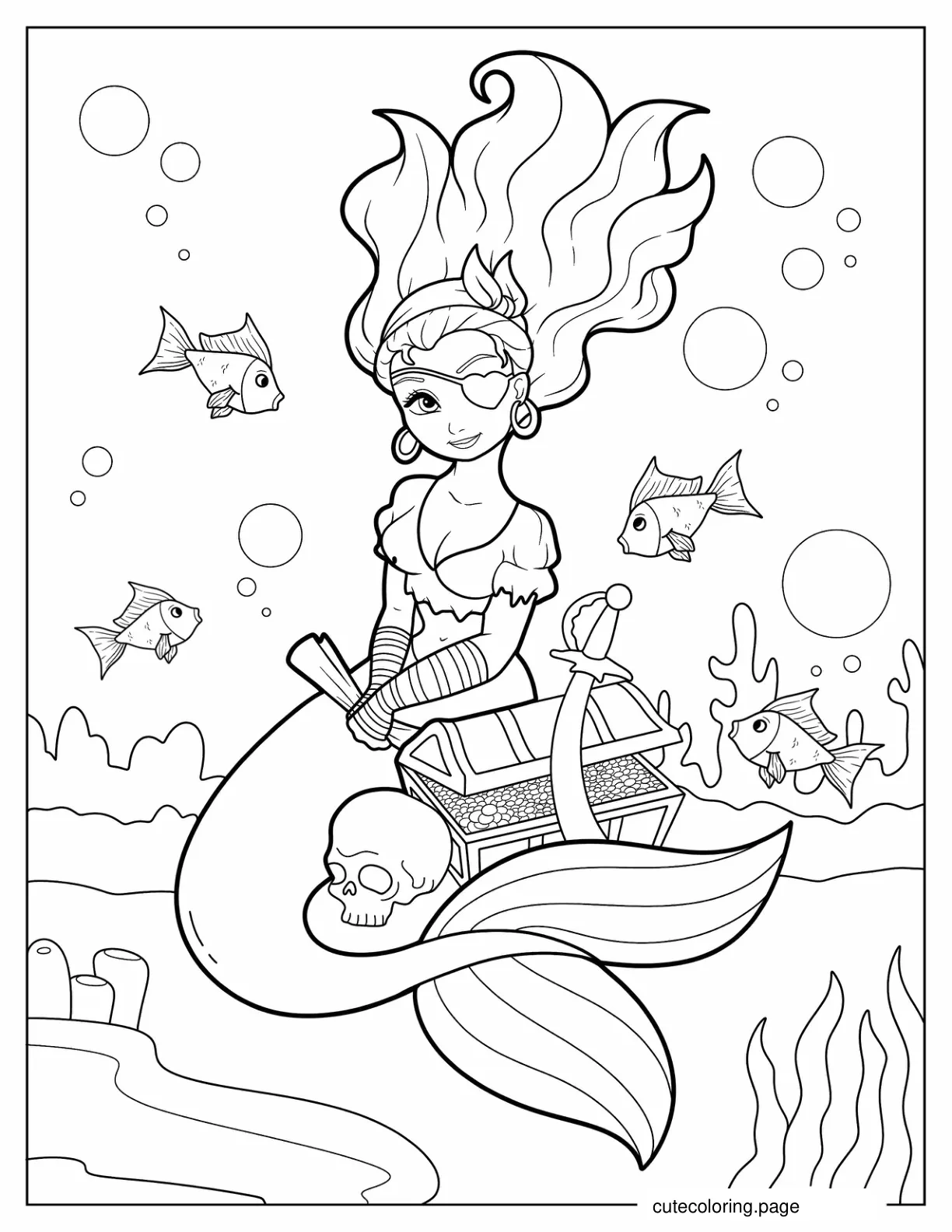 Pirate Mermaid With Treasure Chest coloring page