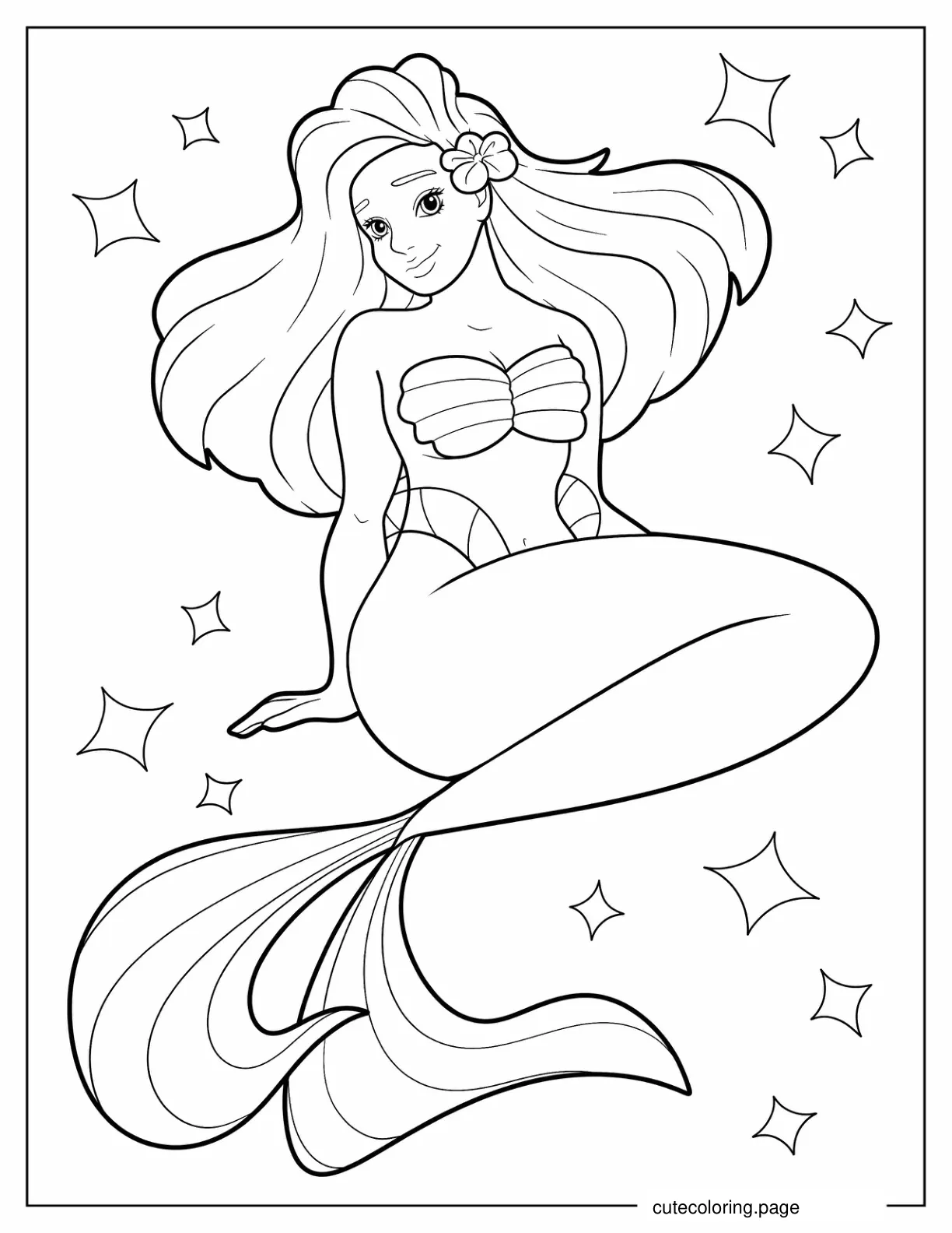 Simple Mermaid With Flower In Her Hair Coloring Page coloring page