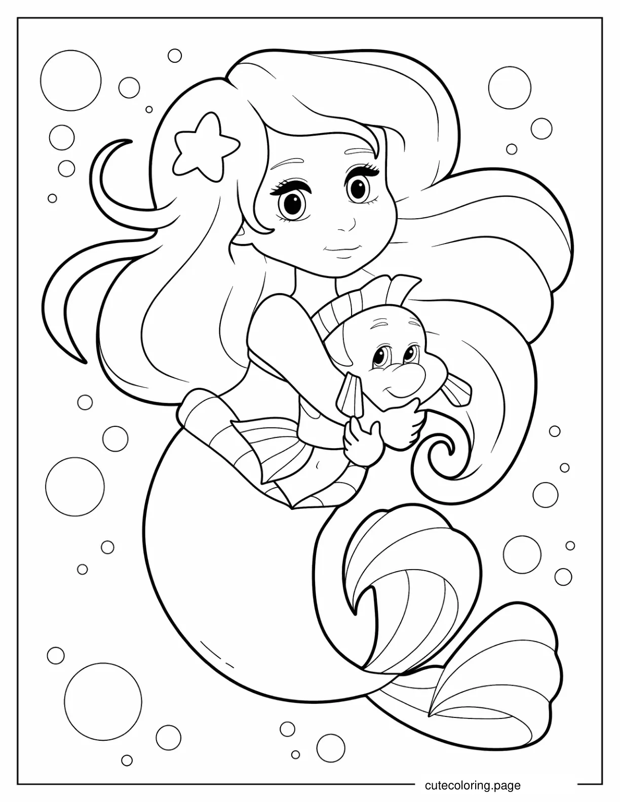 Young Ariel Holding Flounders Coloring In coloring page