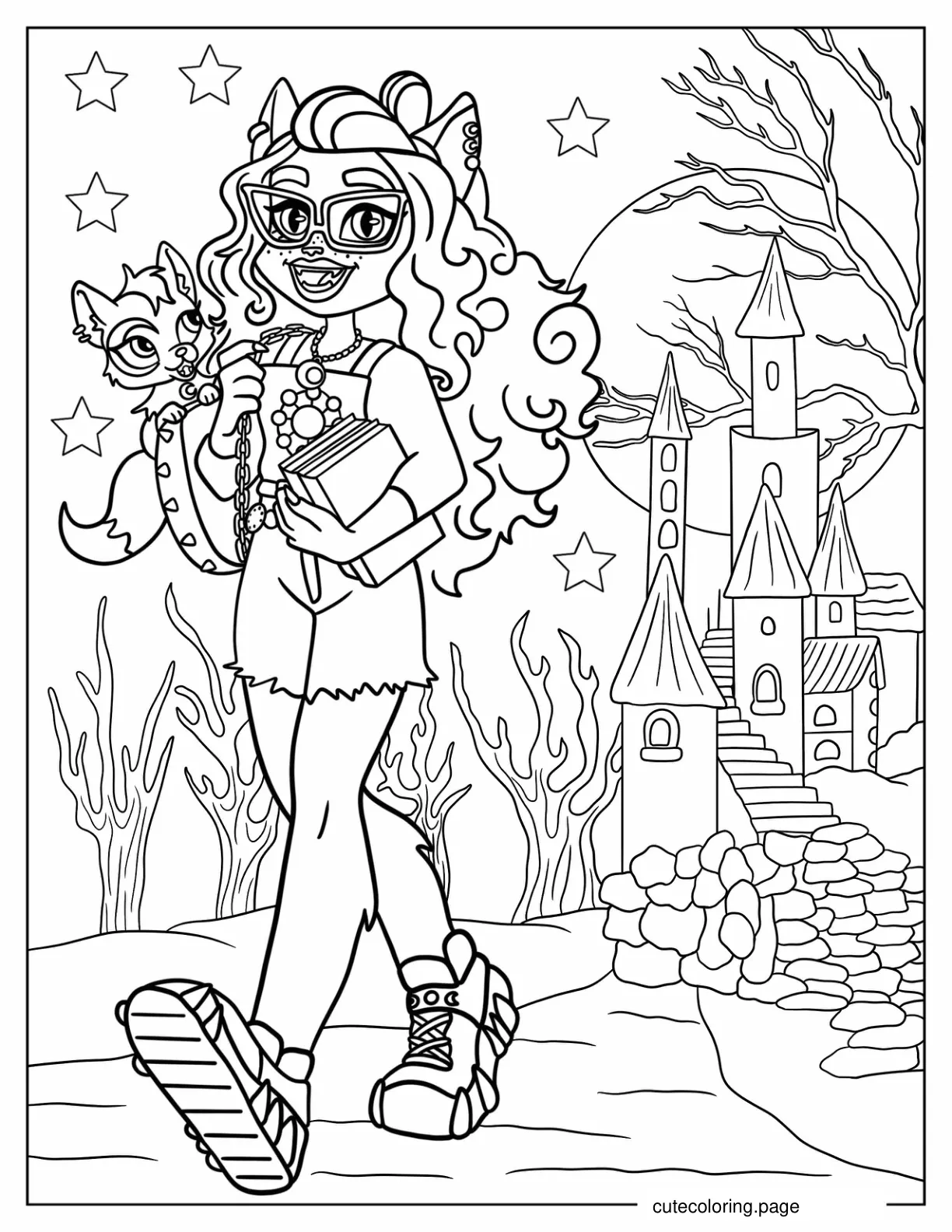 Clawdeen Wolf With Pet Outside Castle Monster High coloring page