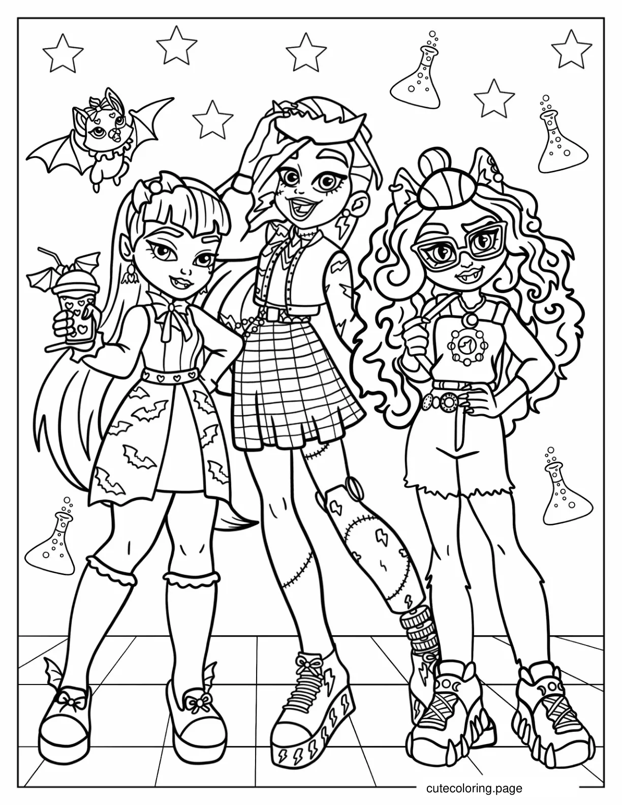 Detailed Monster High Draculaura Frankie Stein And Clawdeen Wolf Coloring Page coloring page