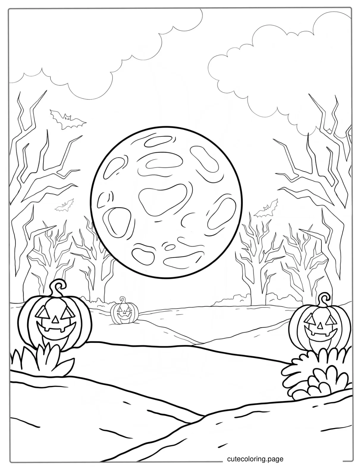 Full Moon In Spooky Forest For Halloween To Color coloring page