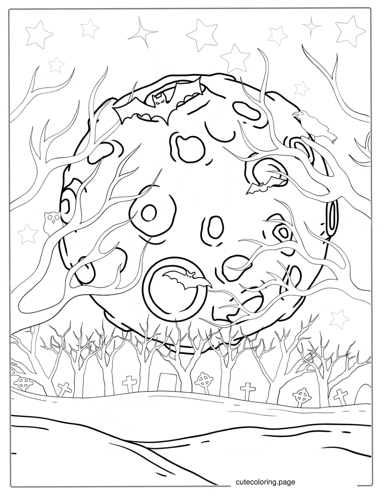 Halloween Themed Coloring Page With Big Full Moon coloring page