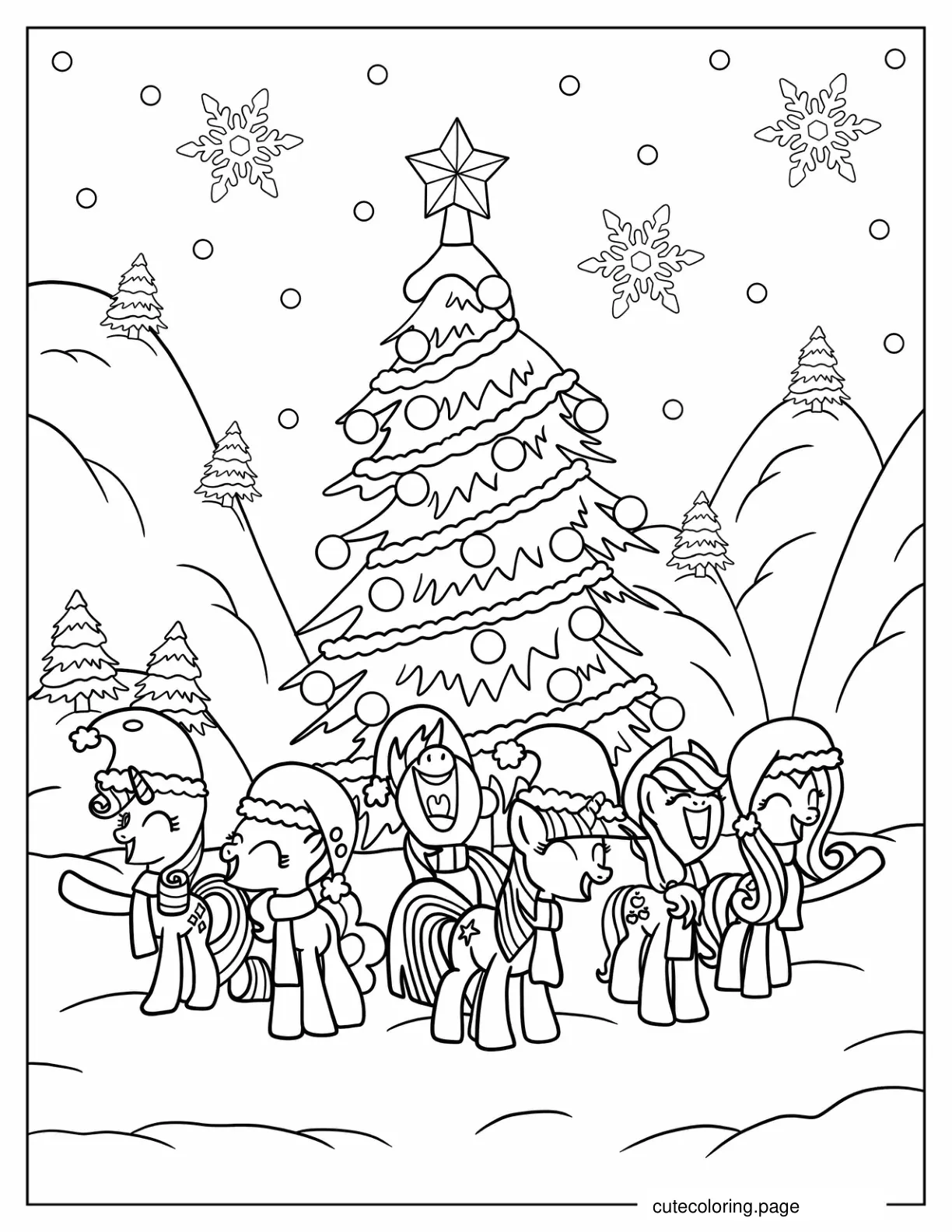 Coloring Page of My Little Pony In Front Of Christmas Tree coloring page