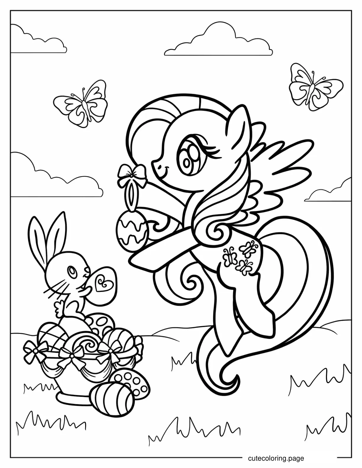 Coloring Sheet of Fluttershy With Easter Eggs and Bunny coloring page