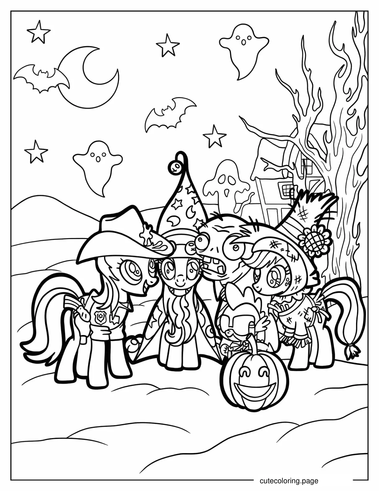 Coloring Sheet of Halloween My Little Pony with Ghosts and Jack O Lanterns  coloring page