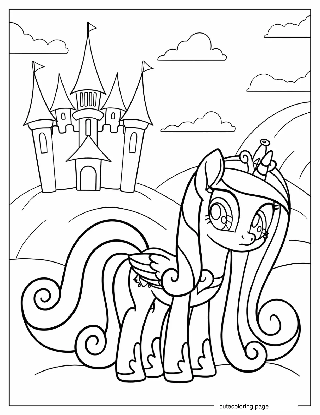 Simple Outline Of Princess Celestia and Castle coloring page