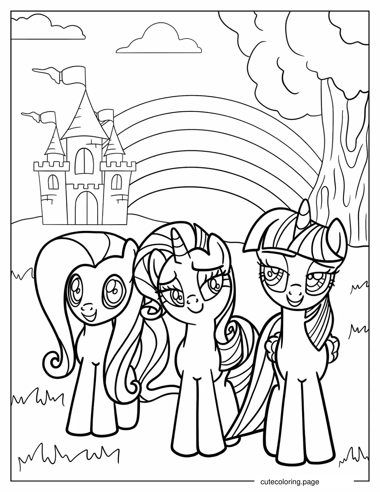 Smiling Fluttershy Rarity and Twilight Sparkle in Field coloring page