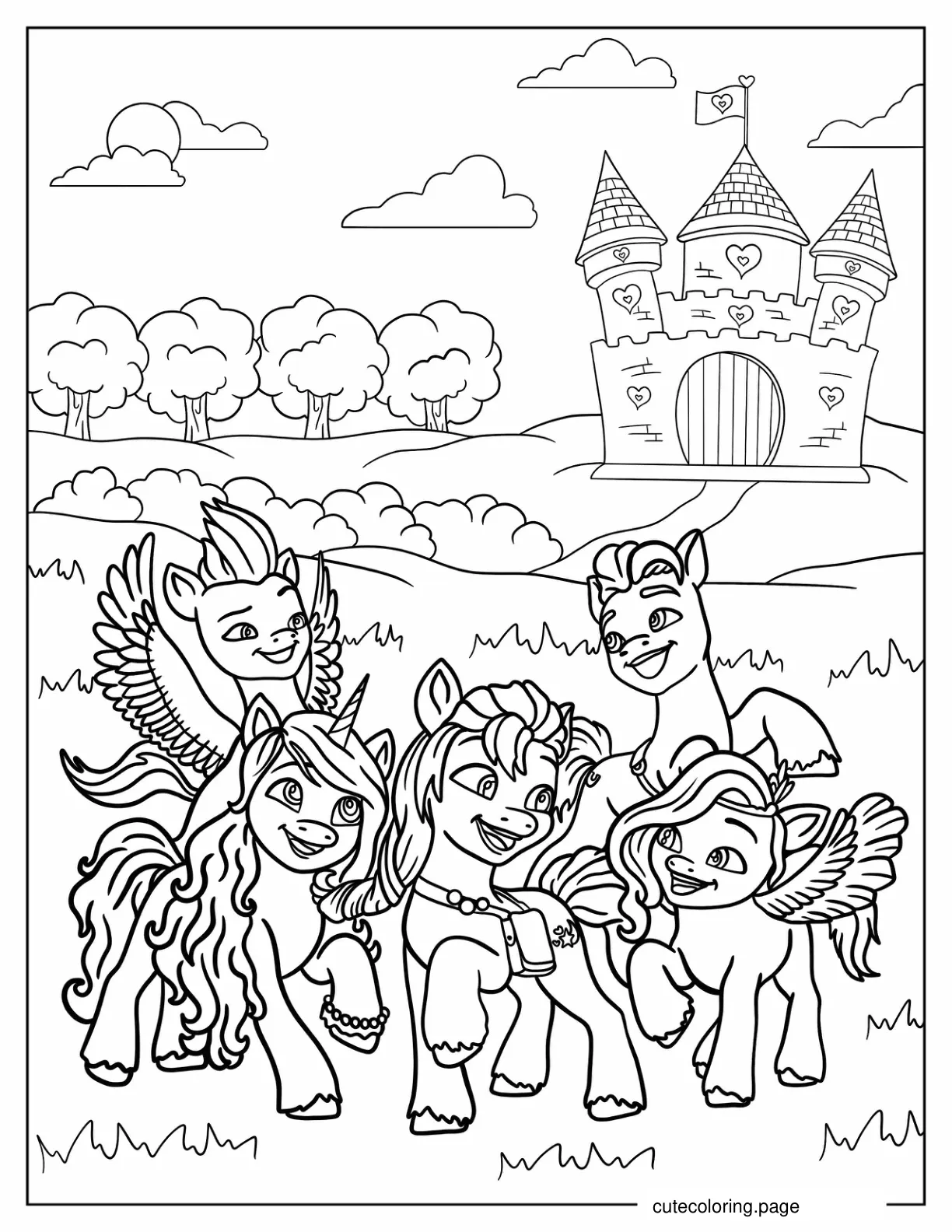 Sunny Starscout and My Little Pony Friends with Castle coloring page