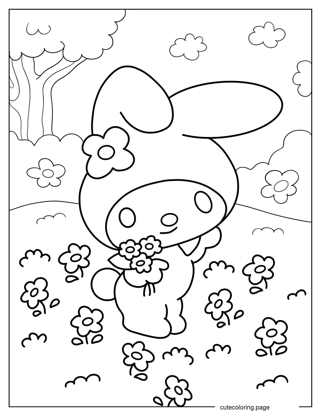 Kawaii My Melody Picking Flowers Coloring Sheet coloring page