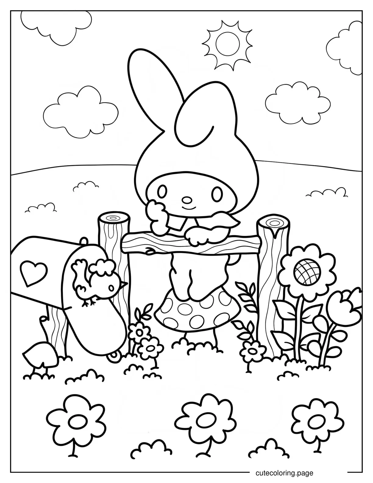 Kawaii My Melody Watching Bird Coloring Sheet coloring page