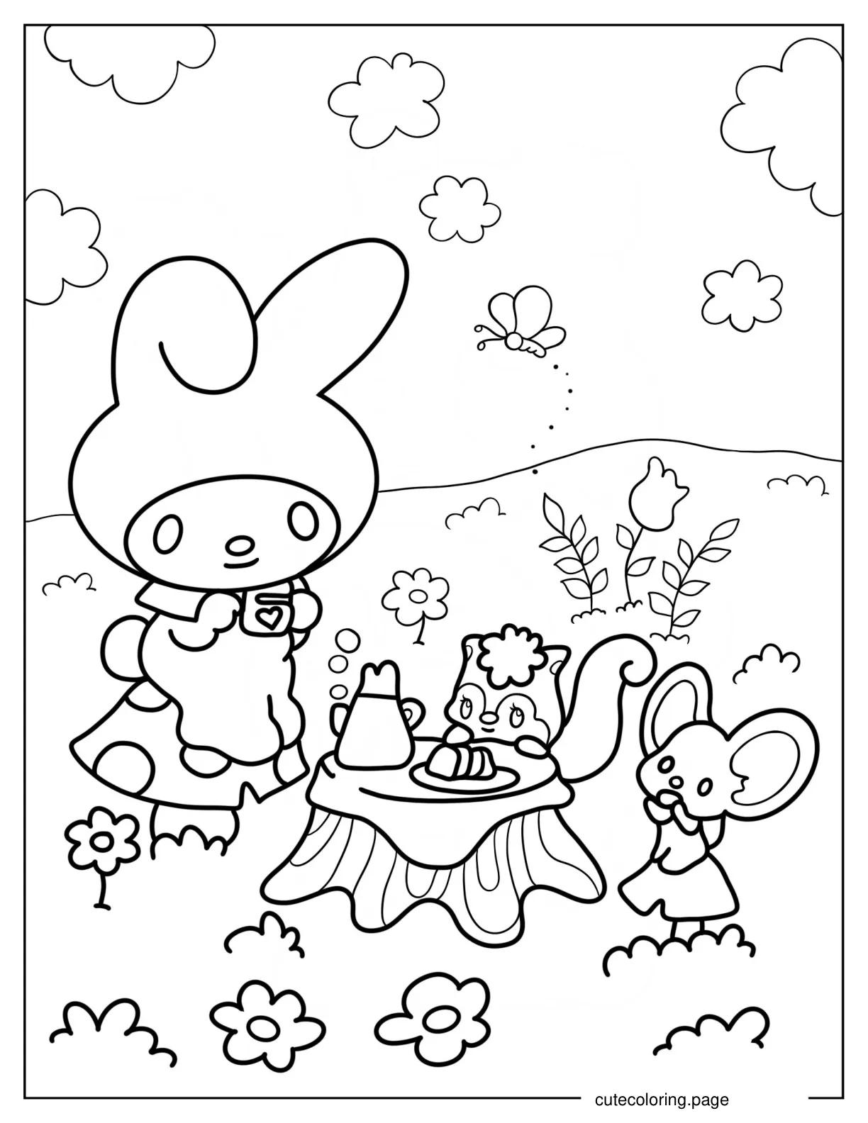 My Melody Having Tea With Flat And Risu Coloring Sheet coloring page