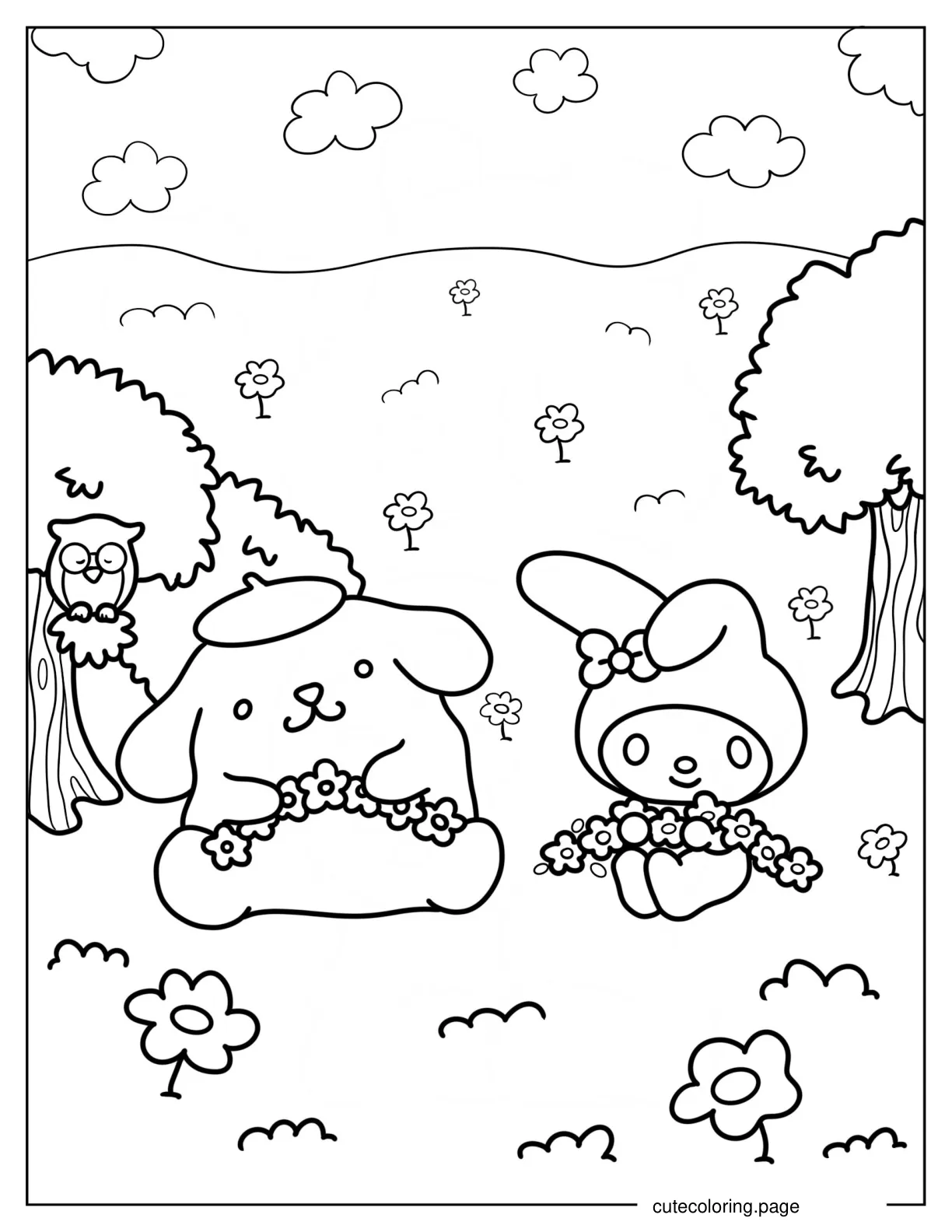 My Melody Making Flower Wreaths With Pompompurin coloring page