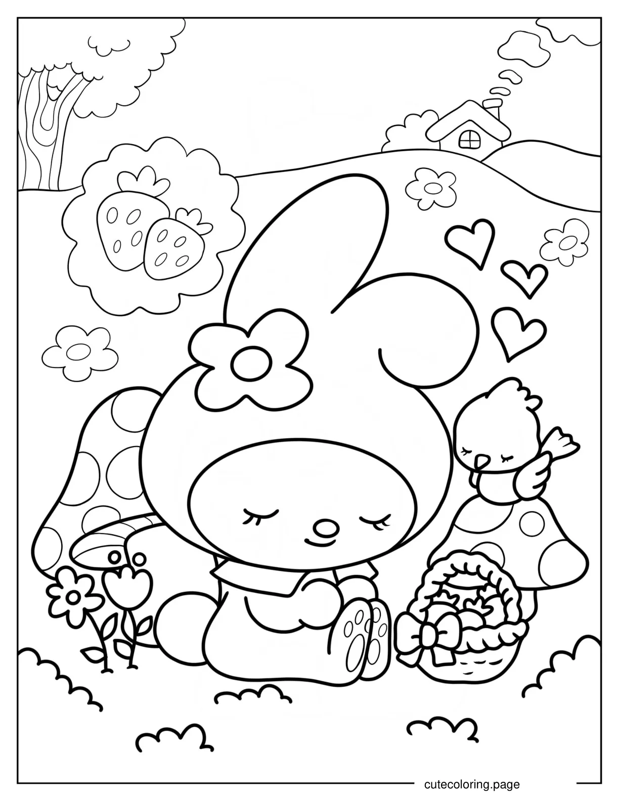 My Melody Napping In Garden Coloring Page For Kids coloring page