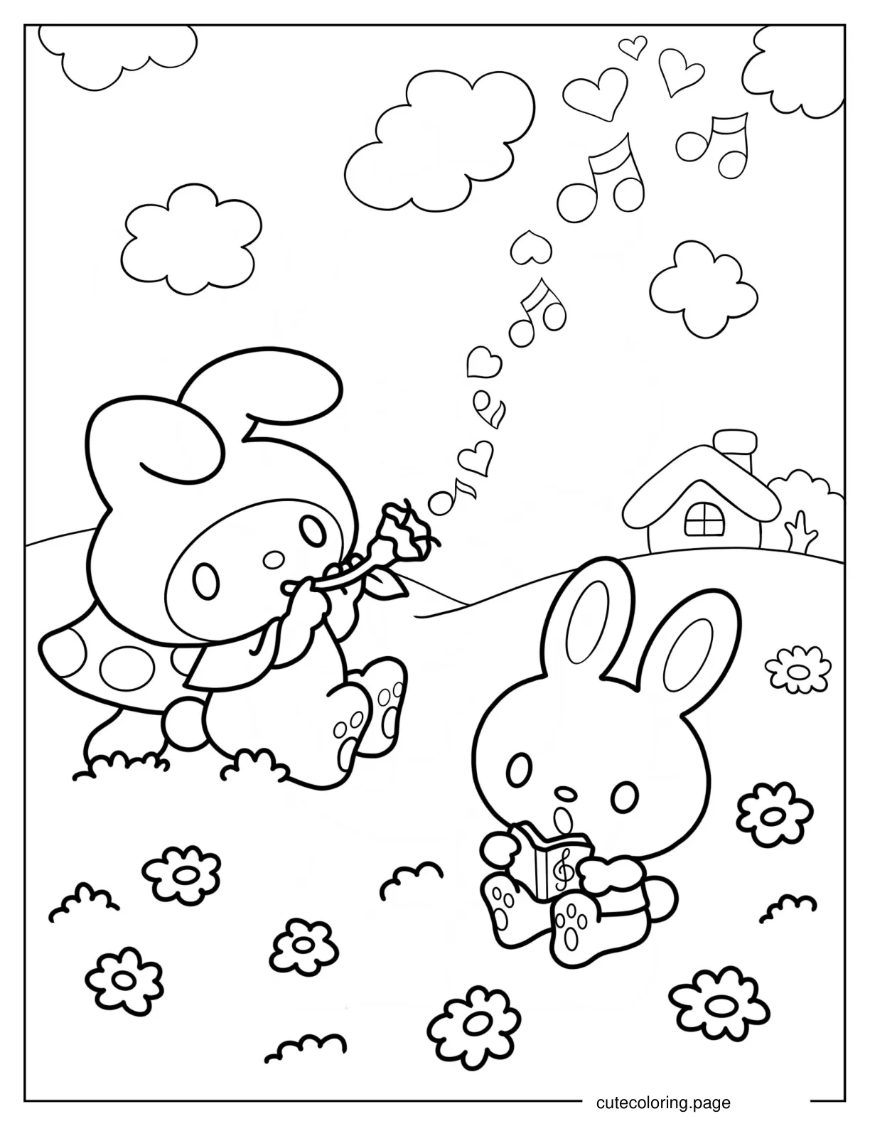 My Melody Playing Flower Flute While Rhythm Sings coloring page