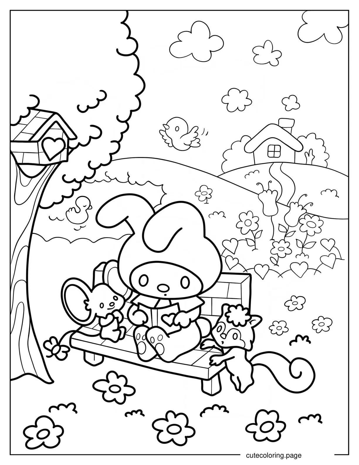 My Melody Reading Book With Flat And Risu Coloring Sheet coloring page