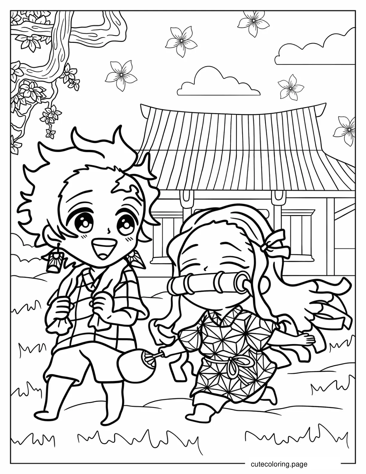 Chibi Tanjiro And Nezuko Playing Outdoors Coloring Sheet For Kids coloring page