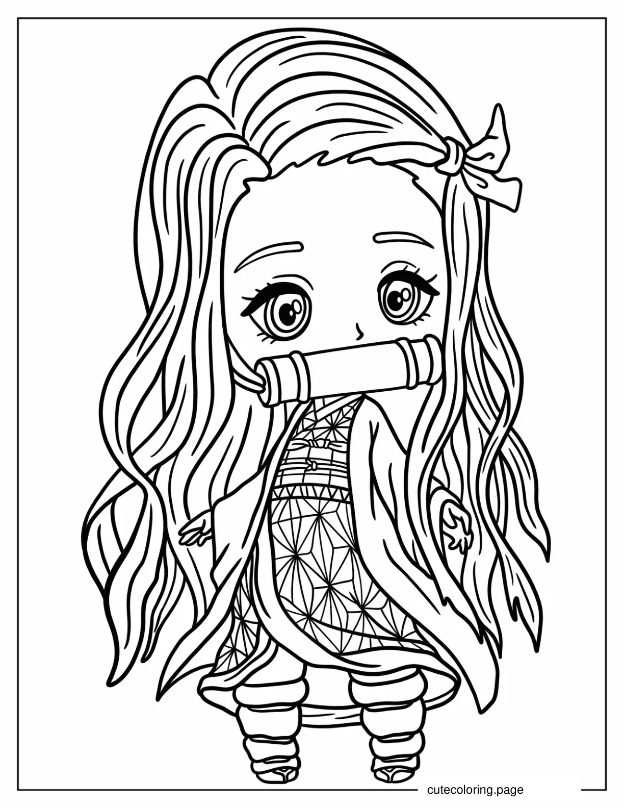 Cute Chibi Nezuko Biting Down Bamboo Coloring Page coloring page