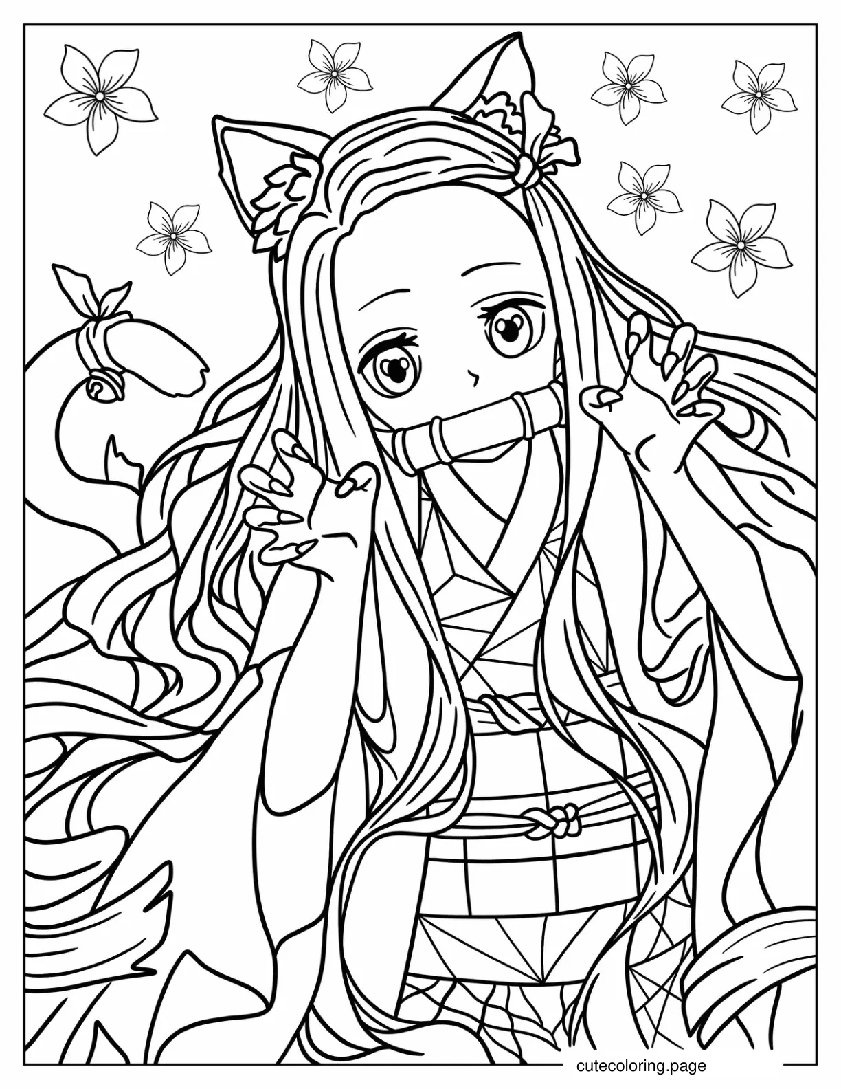 Cute Nezuko With Cat Ears And Tail Coloring Page coloring page