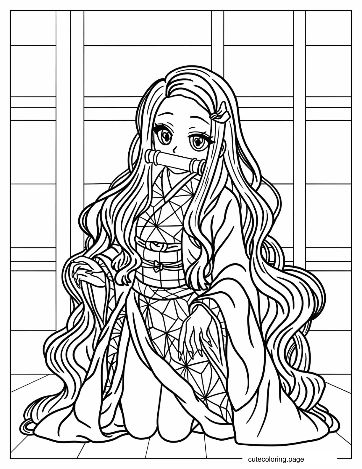 Detailed Nezuko With Bamboo Coloring Sheet coloring page