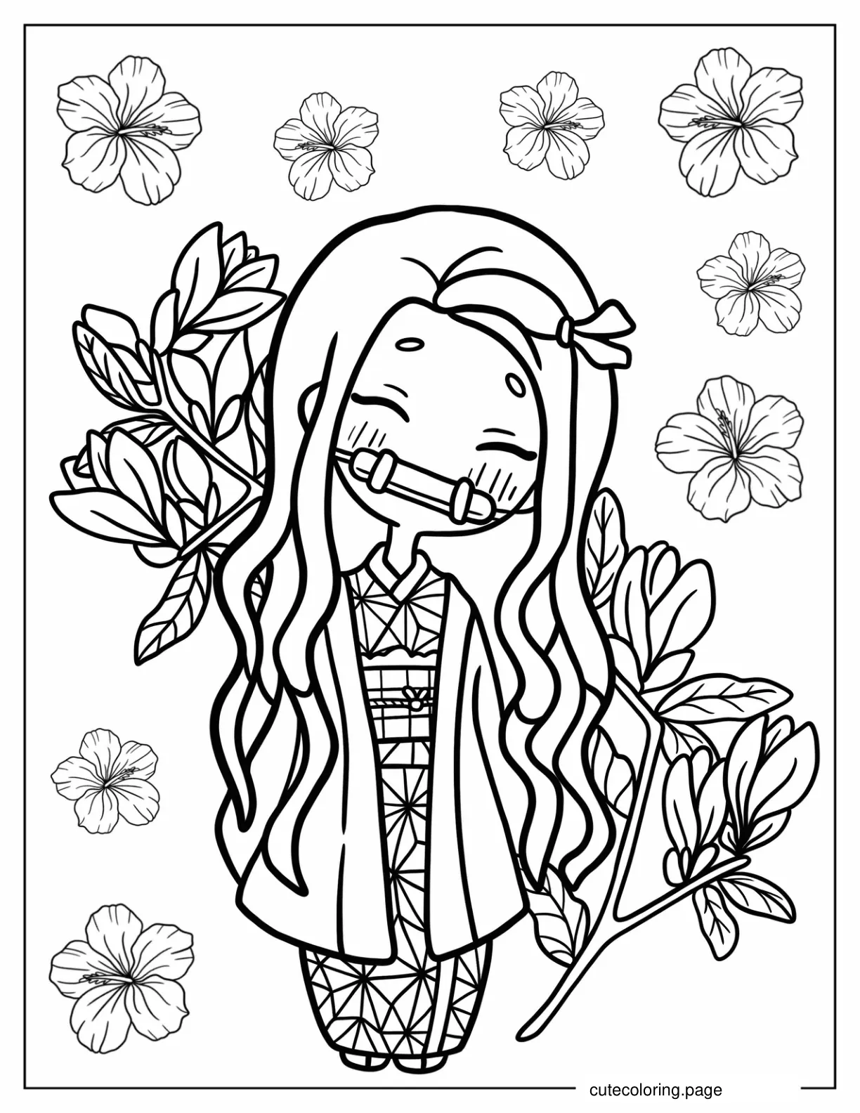 Easy Nezuko With Flowers Coloring Sheet For Preschoolers coloring page