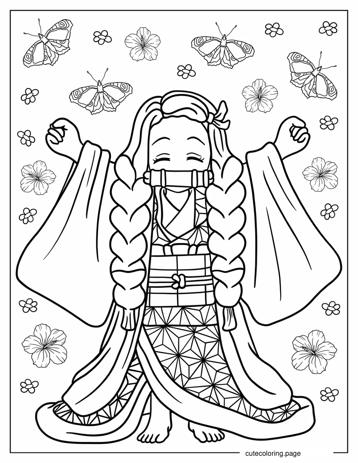 Kawaii Nezuko With Braided Hair coloring page