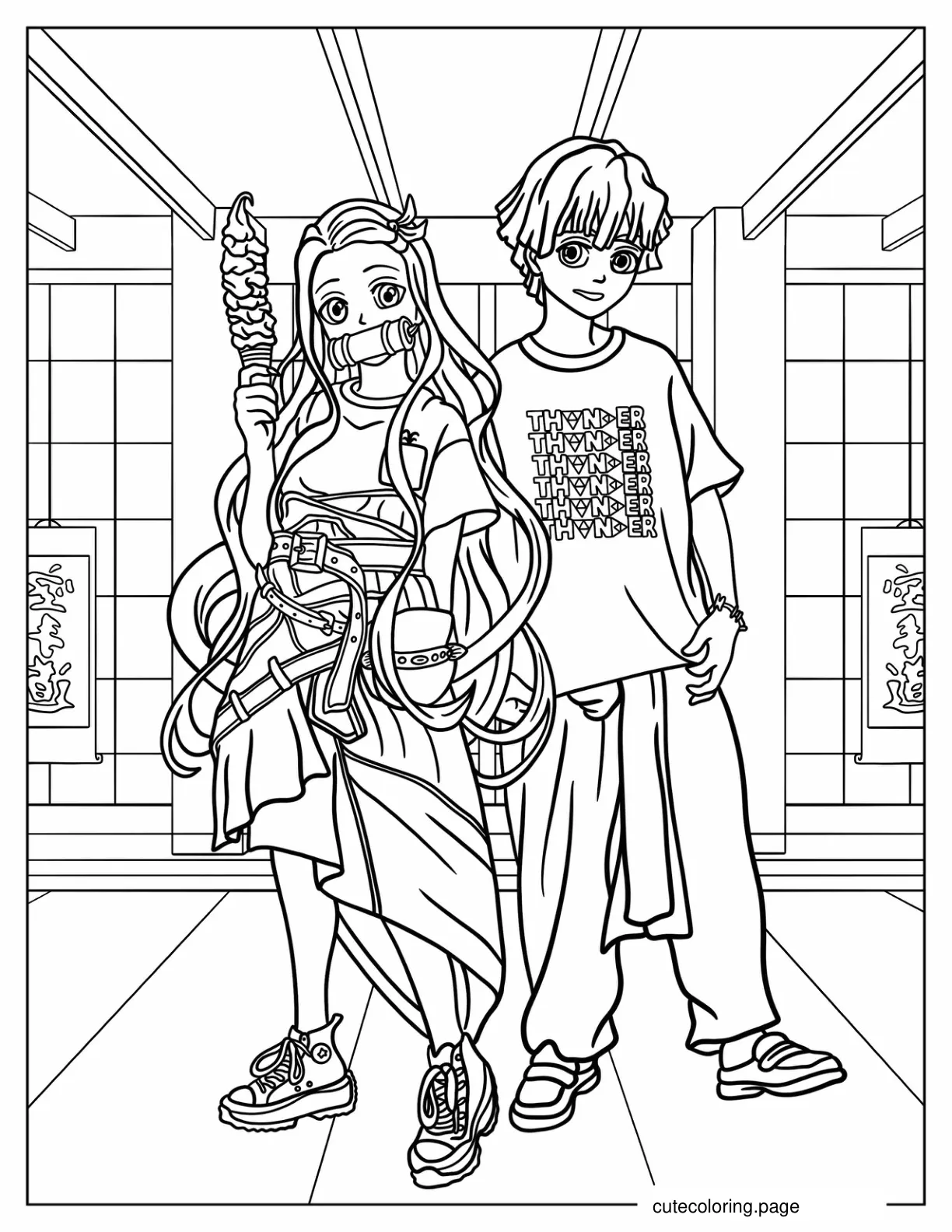 Modern Nezuko And Zenitsu Having Ice Cream coloring page