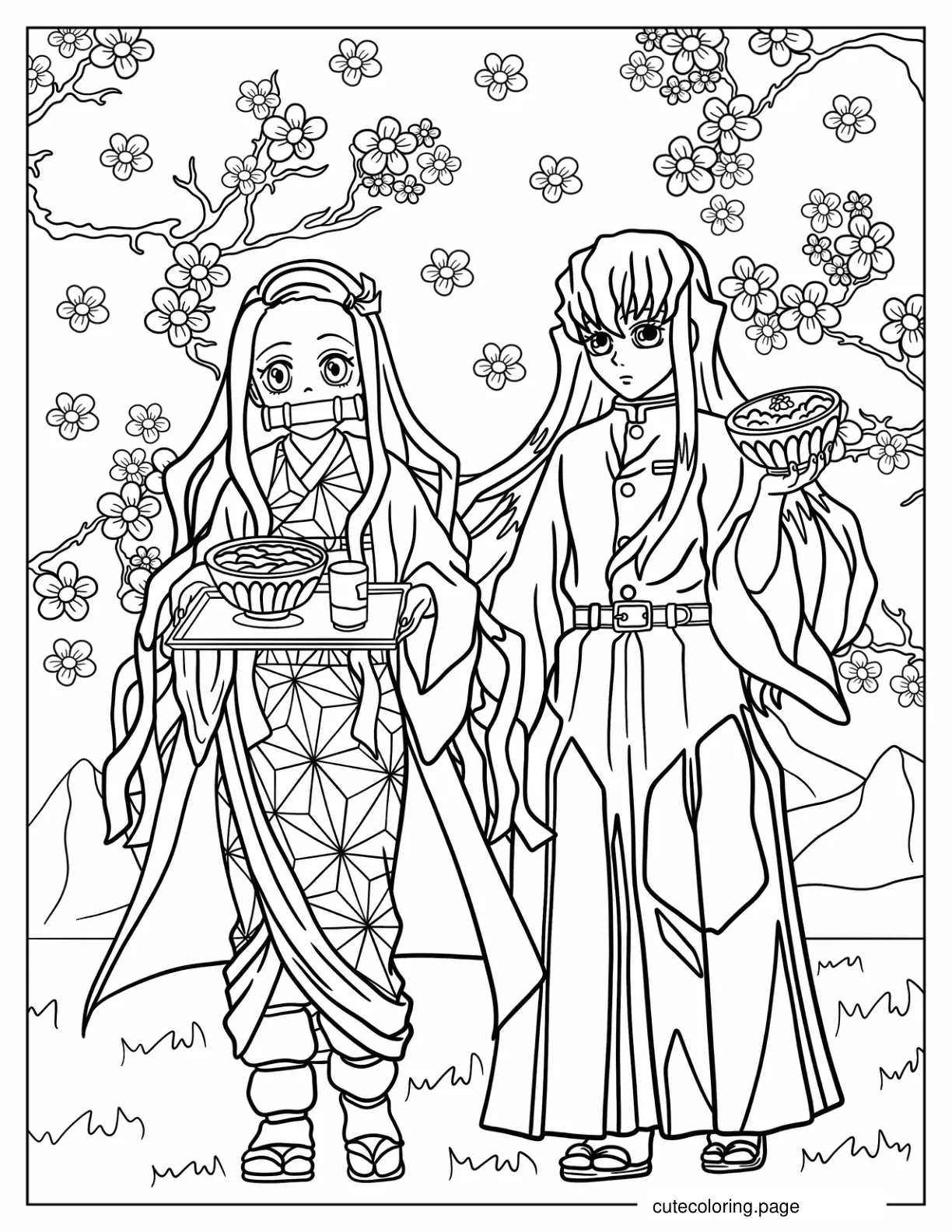 Nezuko And Muichiro Carring Tray Of Food Coloring Sheet coloring page