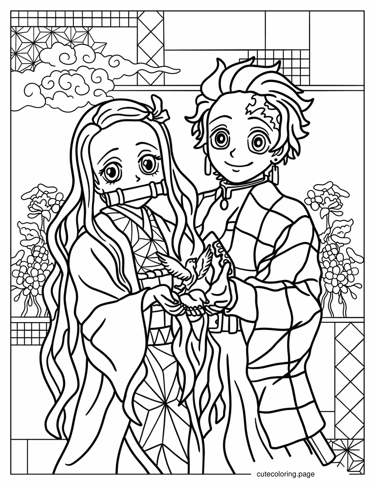 Nezuko And Tanjiro Holding Bird Coloring Sheet coloring page