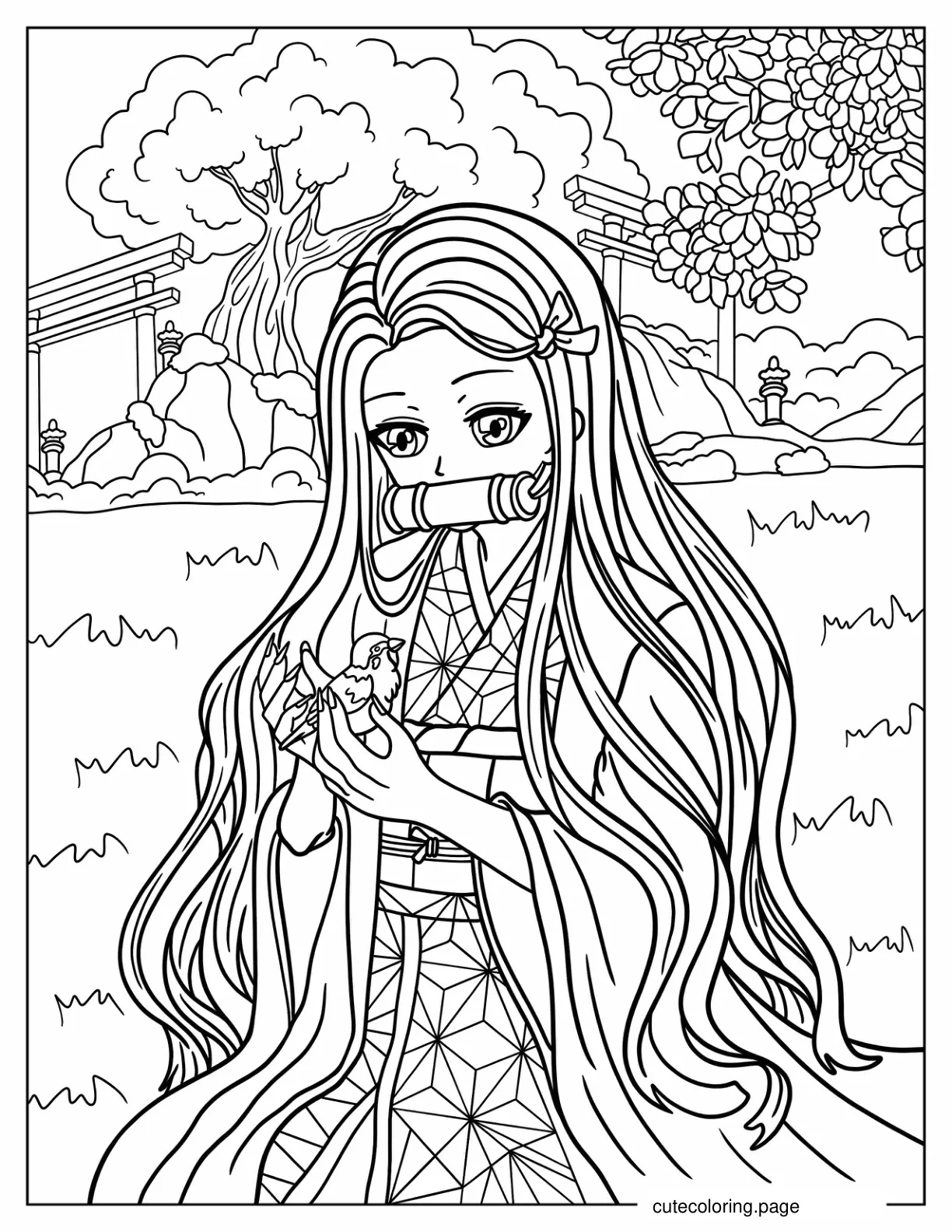 Nezuko Caring For Bird In Japanese Garden coloring page