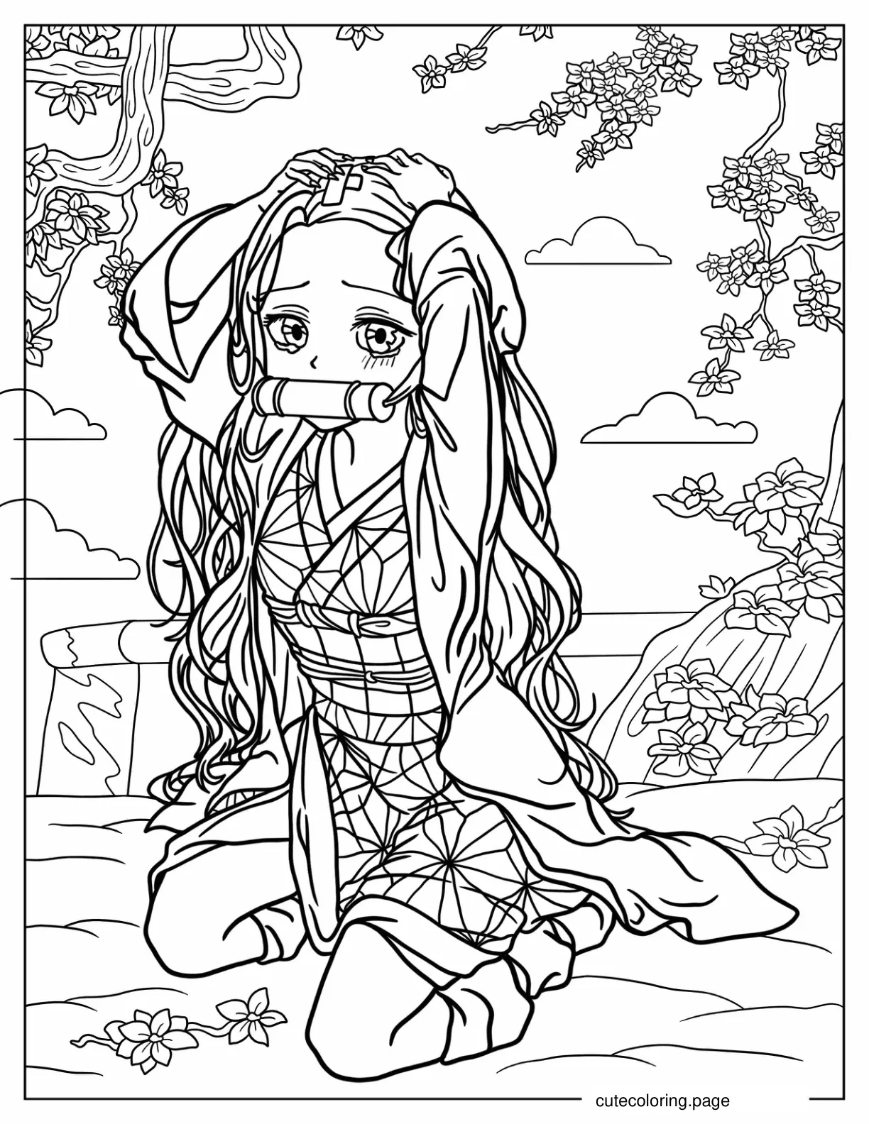 Nezuko Holding Head While Crying Coloring Page coloring page