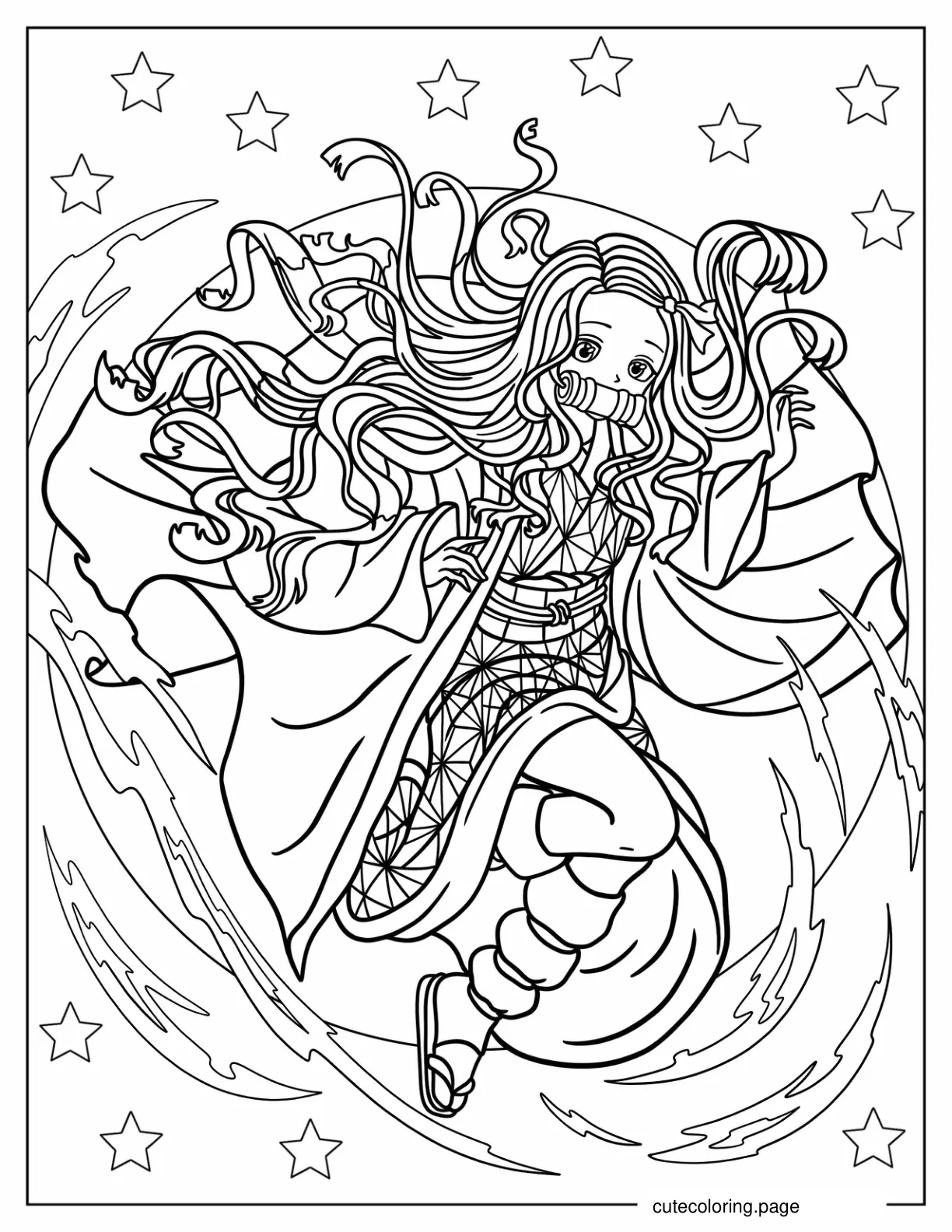 Nezuko In The Air With Stars coloring page