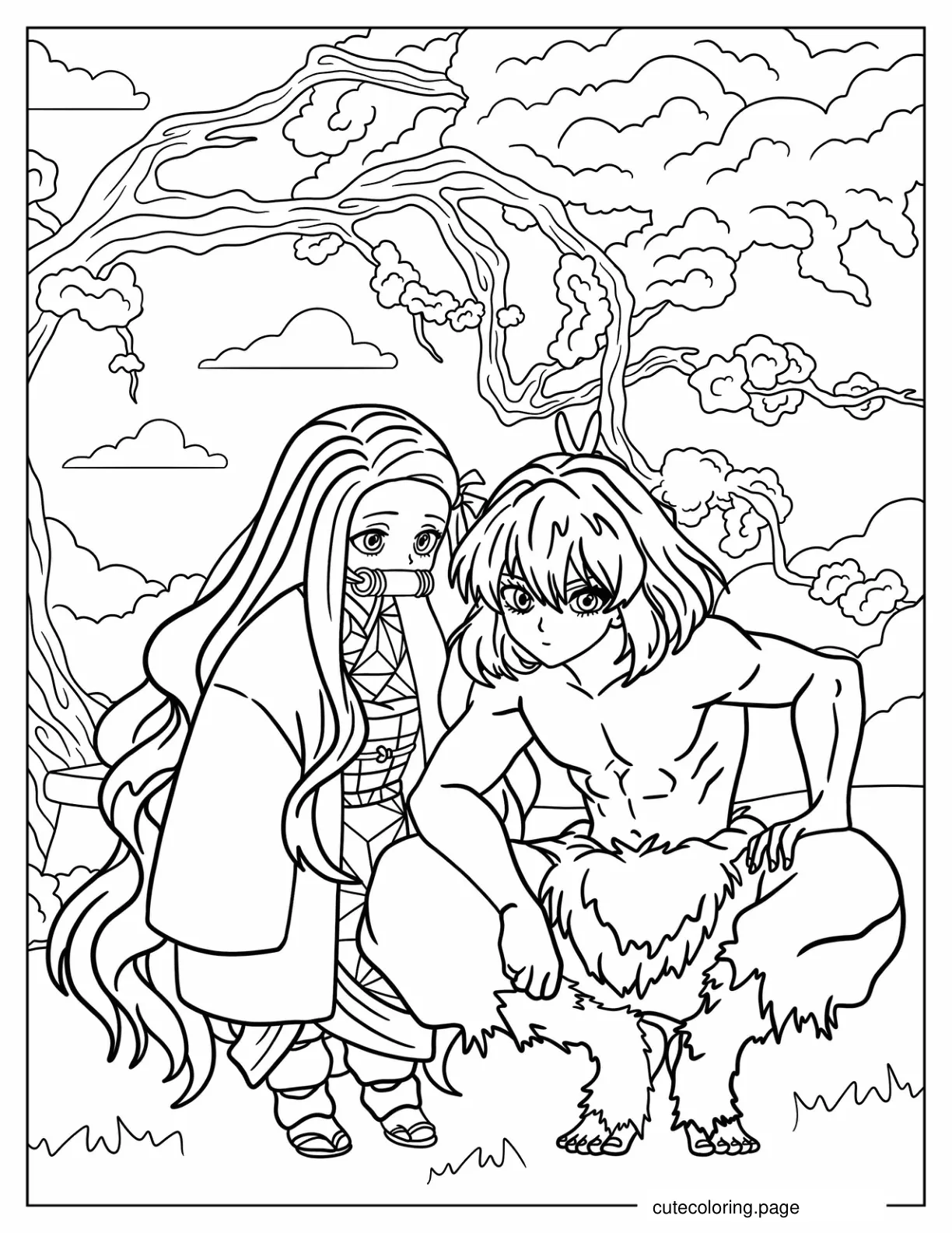 Nezuko Sitting Next To Inosuke In Garden Coloring Page coloring page