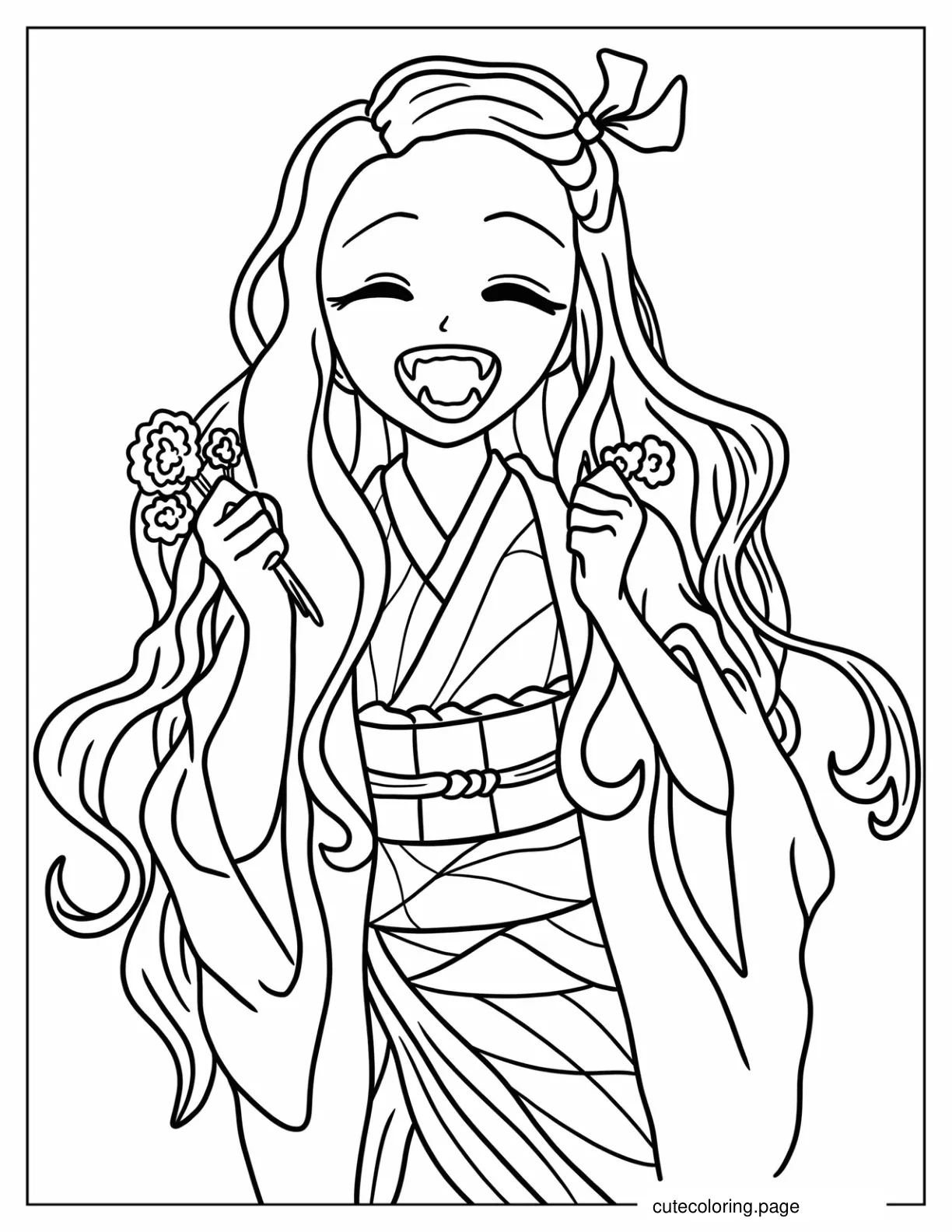 Nezuko Smiling And Holding Wildflowers Coloring Page coloring page