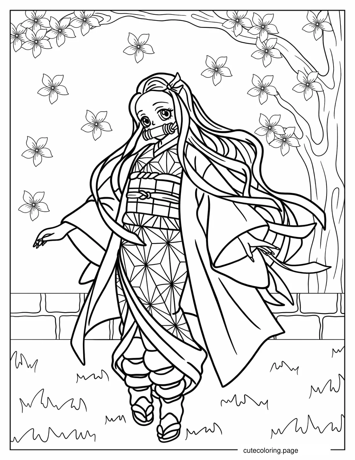 Nezuko Walking In Garden With Cherry Blossoms Coloring Page coloring page