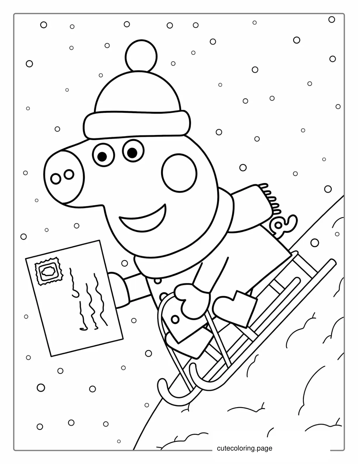 George Pig Riding Sleigh In Winter To Color coloring page