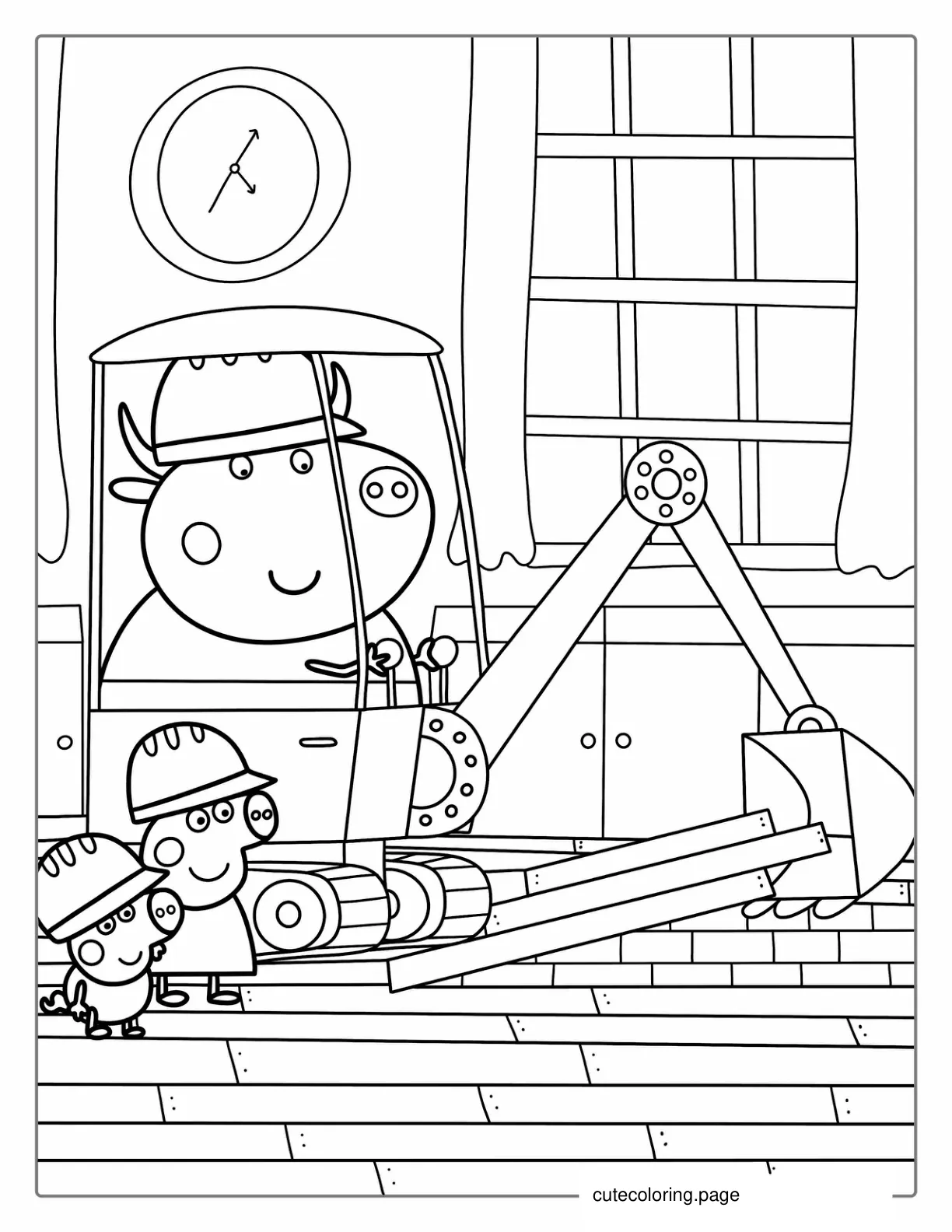 Mr Bull In Digger Being Helped By Peppa And George coloring page