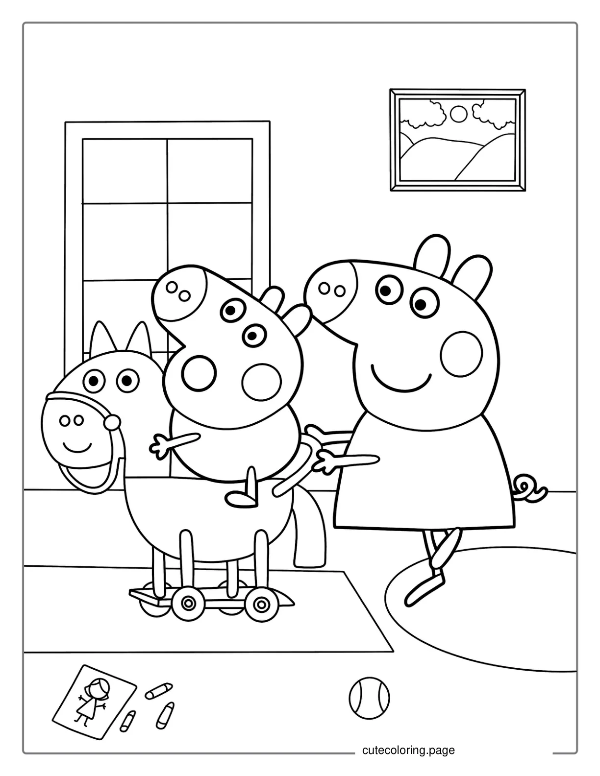 Peppa And George Playing Together On Toy Horse coloring page