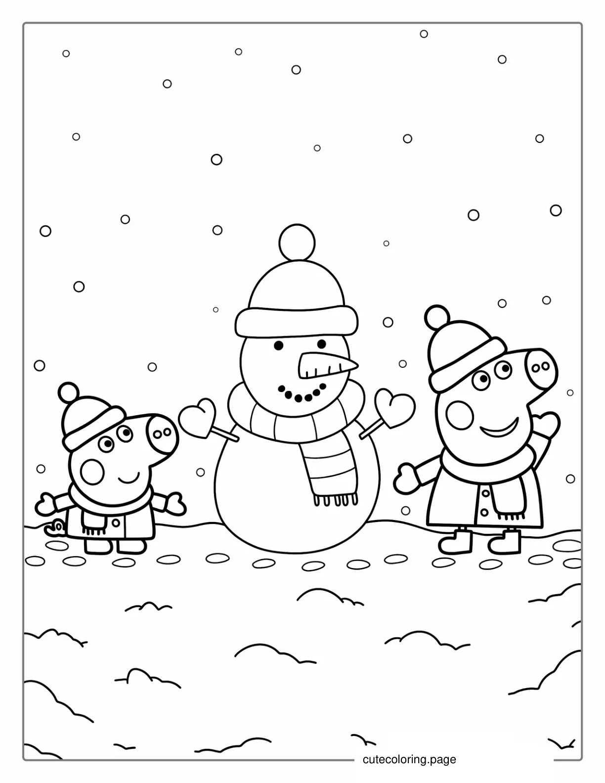 Peppa And George With Snowman Coloring Sheet coloring page