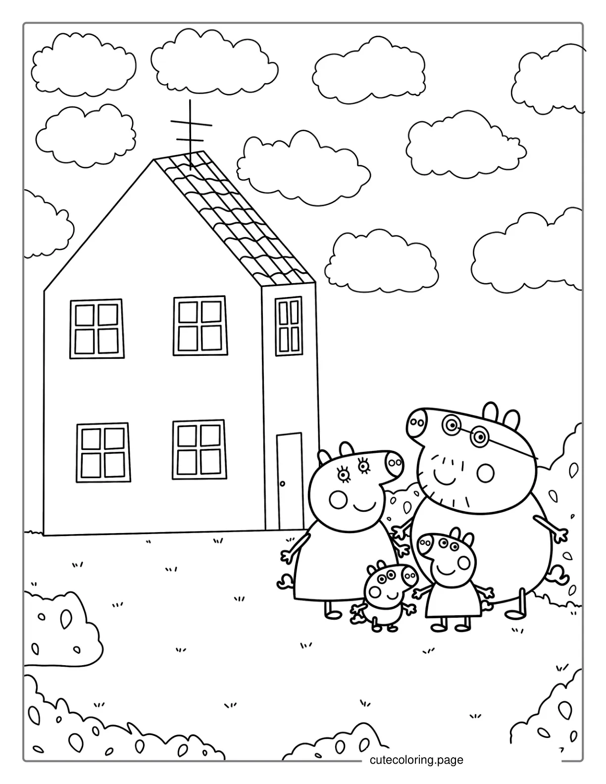 Peppa Mummy Daddy And George Pig With House coloring page